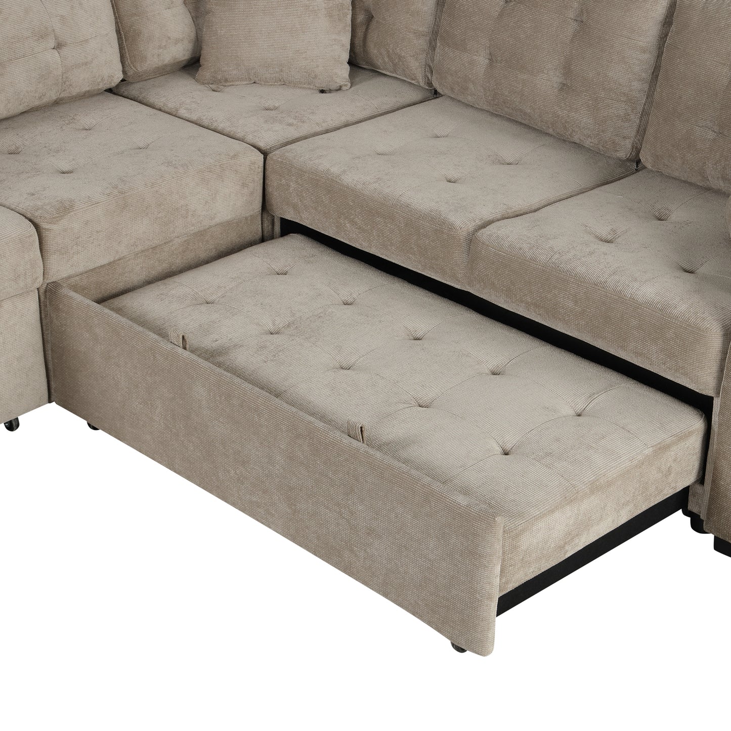 Beige sectional sofa with pullout bed feature tufted cushions and textured fabric upholstery