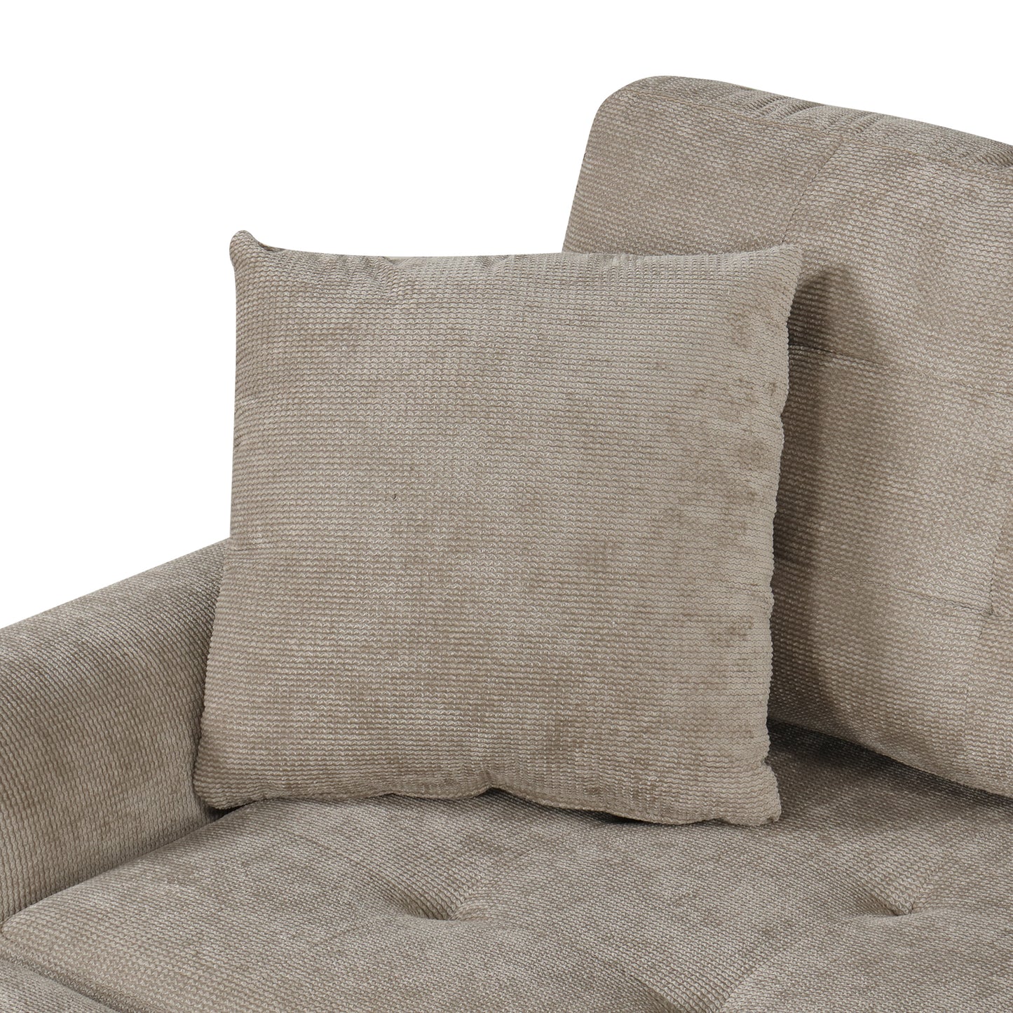 Closeup of a textured beige throw pillow with a woven fabric pattern