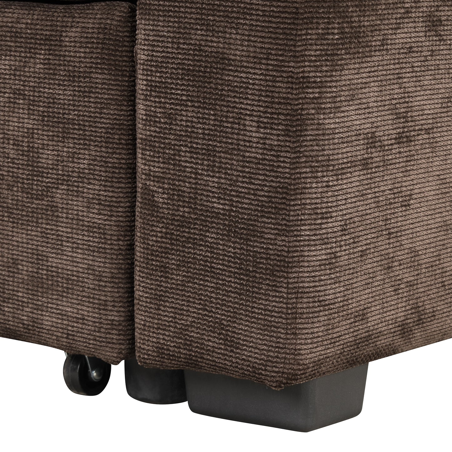 Textured brown corduroy sofa corner with hidden caster wheels and black legs