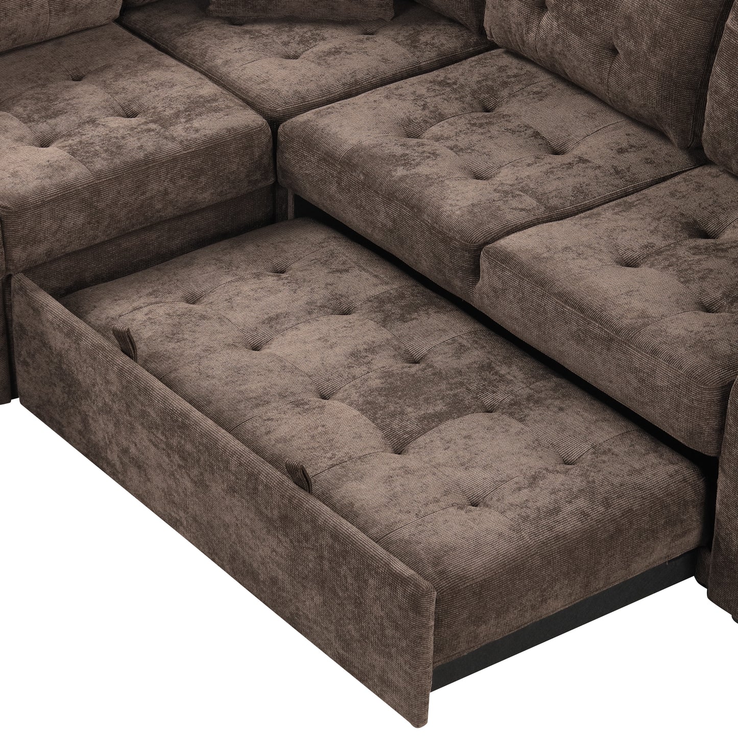 Tufted brown fabric sectional sofa with pullout chaise for extra seating