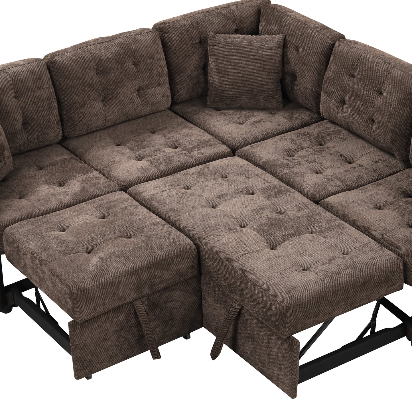 Tufted brown corduroy sectional sofa with pullout ottoman for comfortable living room seating