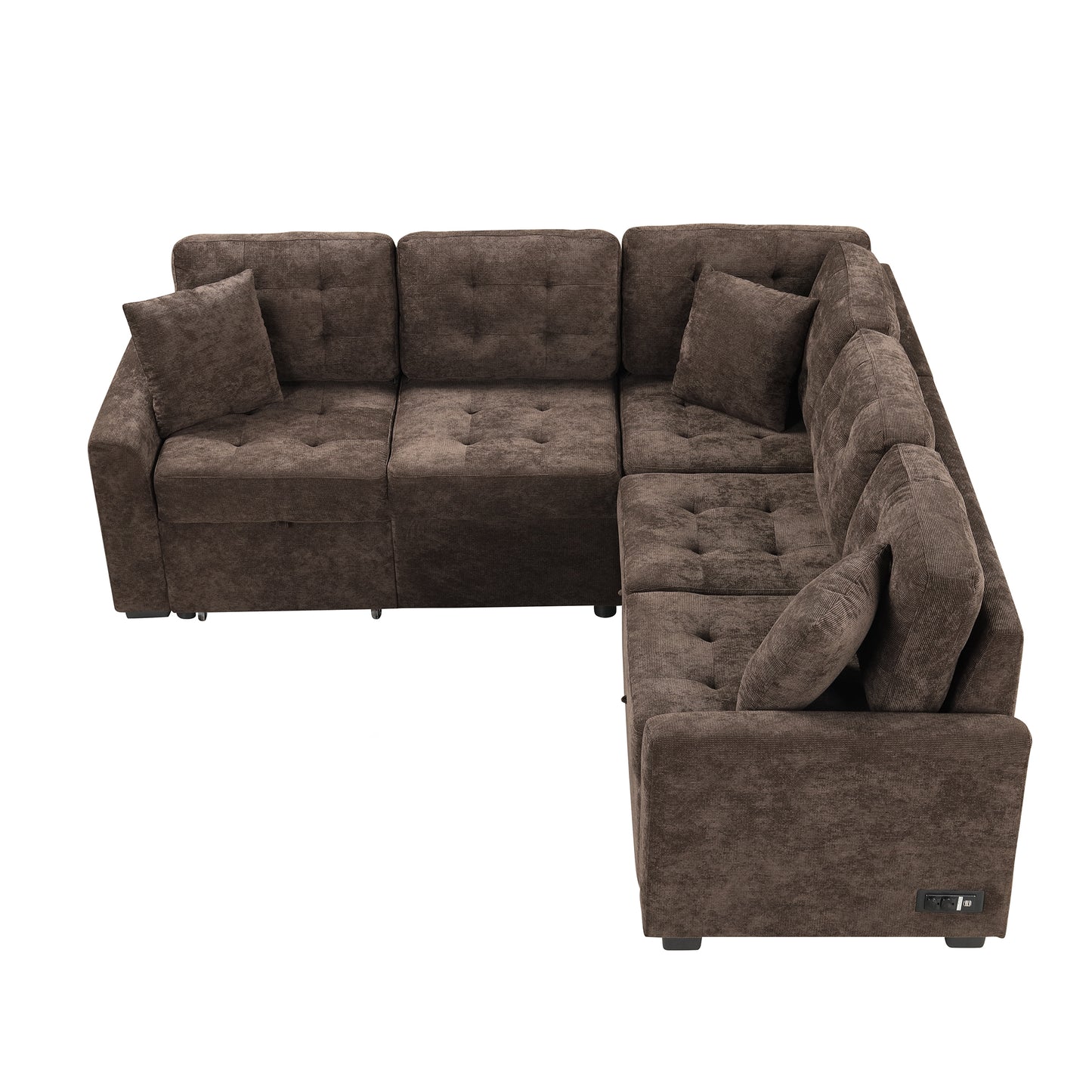 Tufted brown corduroy sectional sofa with throw pillows perfect for modern living rooms