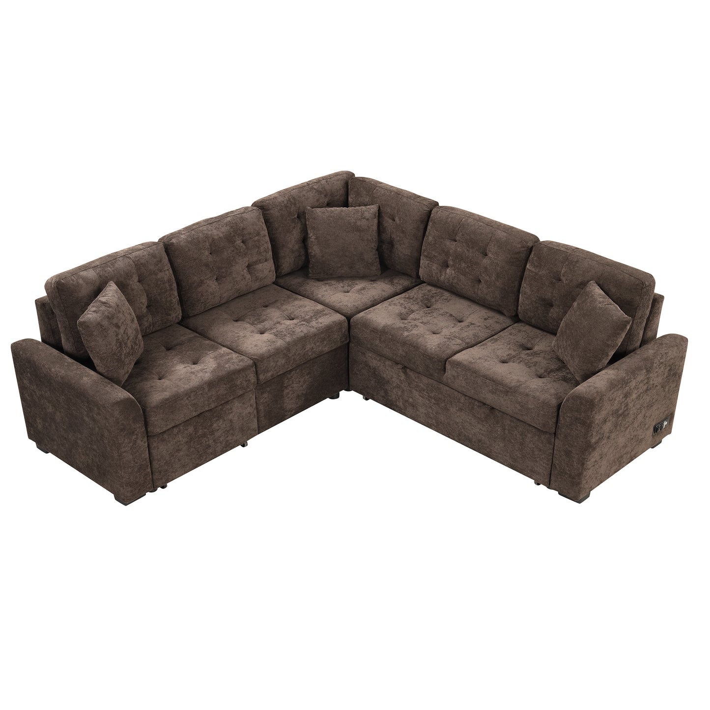 Tufted brown fabric sectional sofa with plush cushions and elegant button detailing