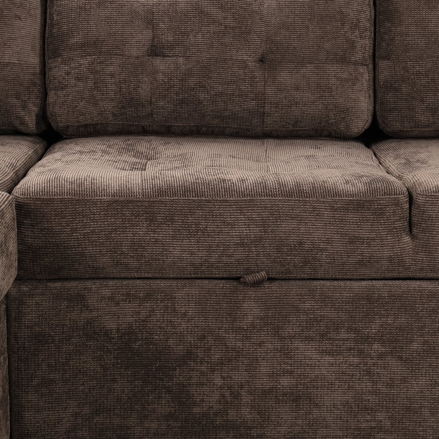 Brown corduroy sectional sofa with tufted seat cushions and hidden storage