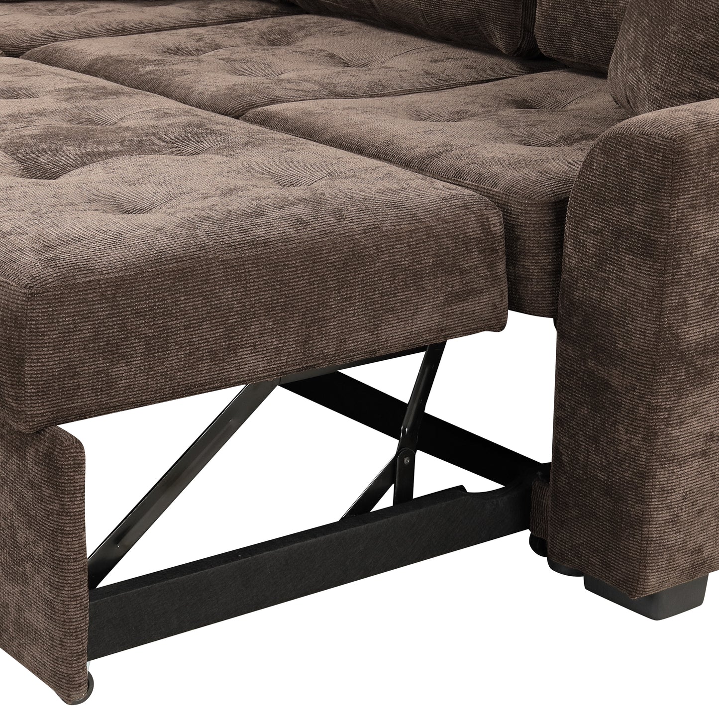 Brown fabric sectional sofa with pullout bed mechanism brown ribbed texture