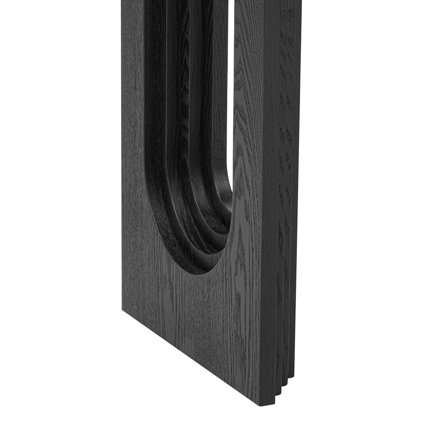 Black oak wood modern console table with curved tiered accent