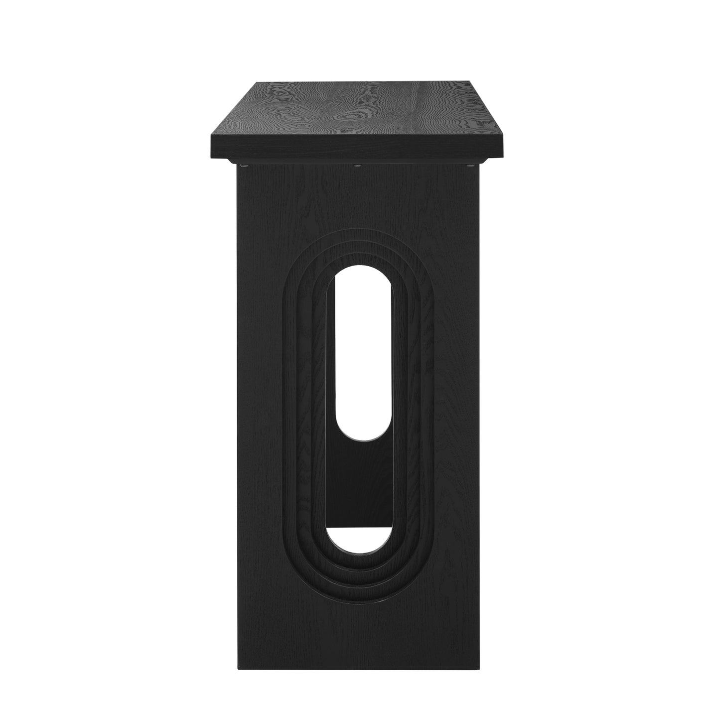 Black wood console table with arched cutout details