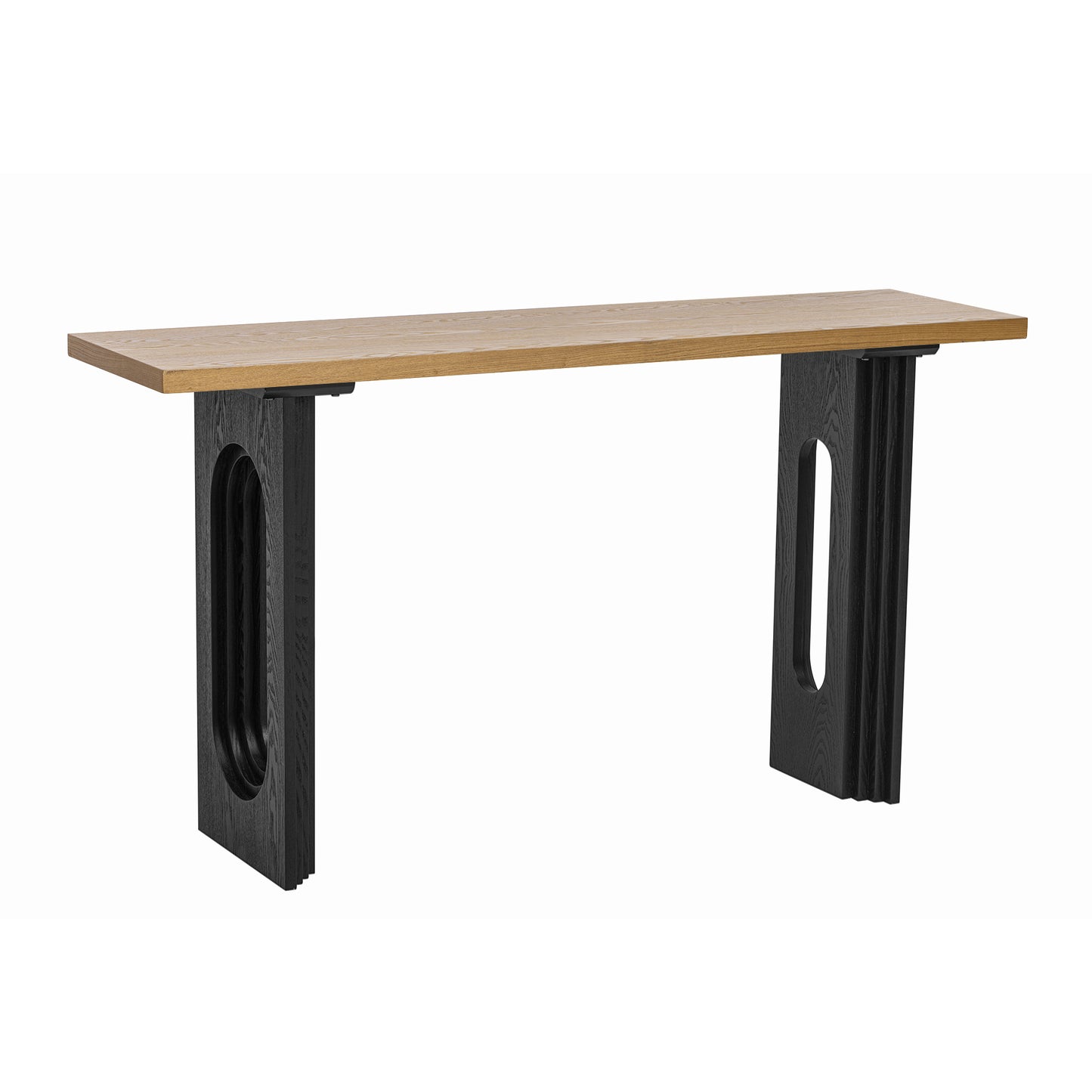 Modern oak top console table with black carved legs ideal for entryways