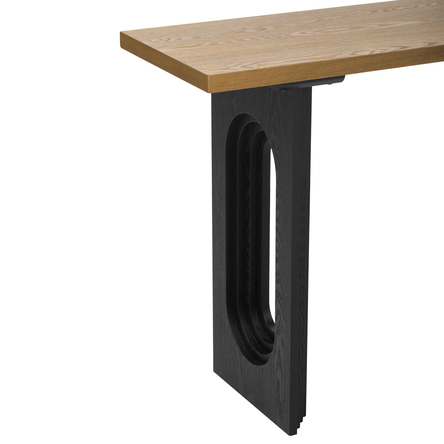 Modern console table with light oak top and black arched leg