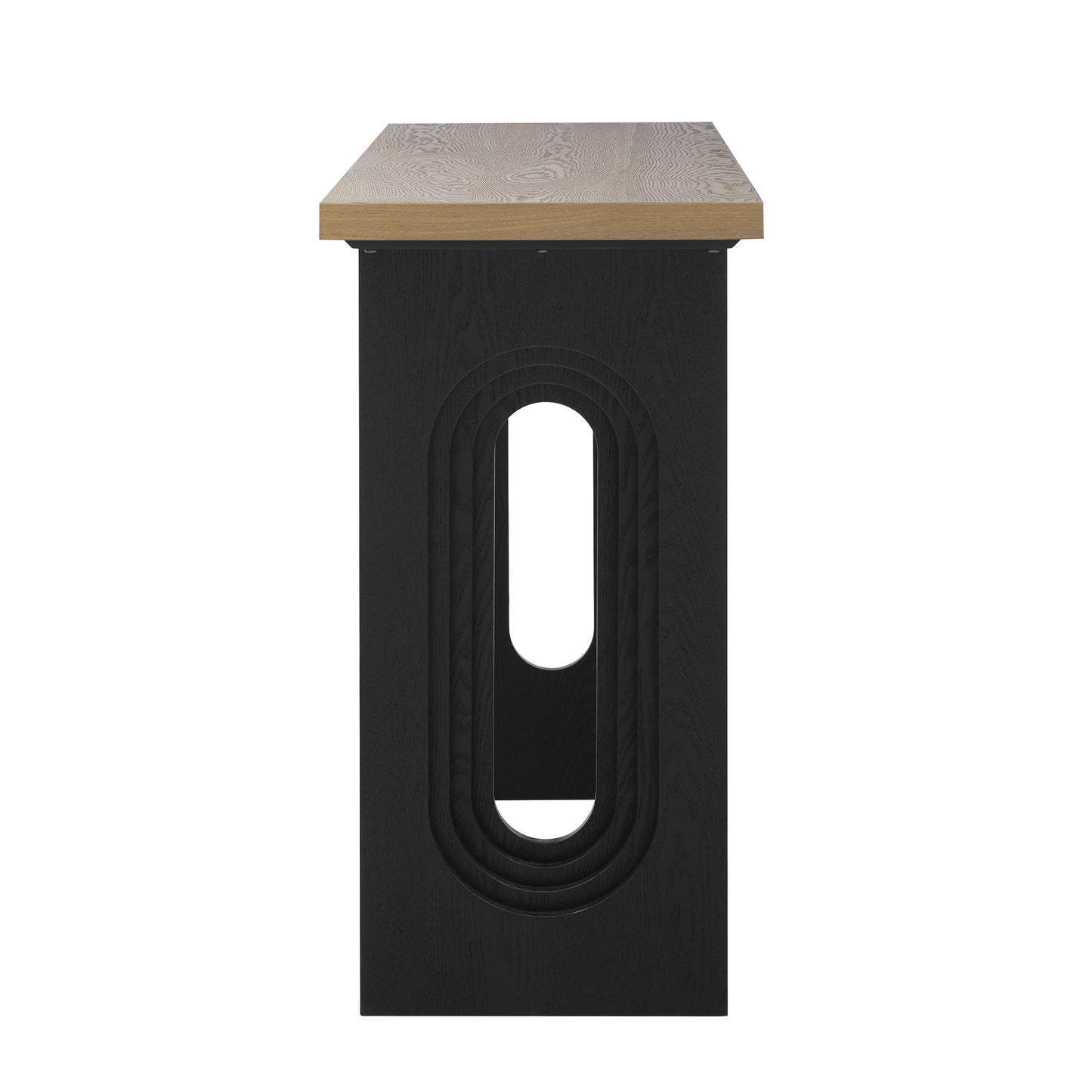 Black wooden console table with light oak top and modern arch detail