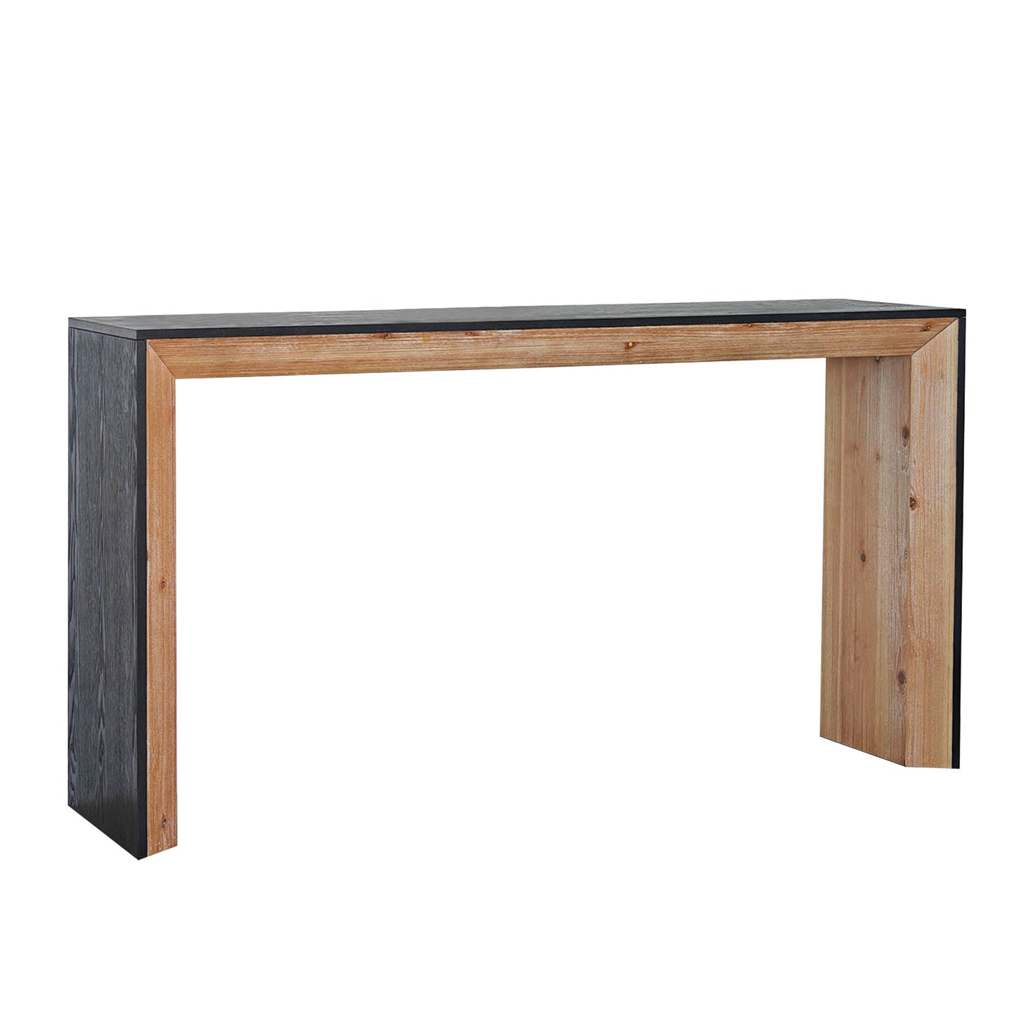 Modern console table with a dark wood finish and natural wood legs