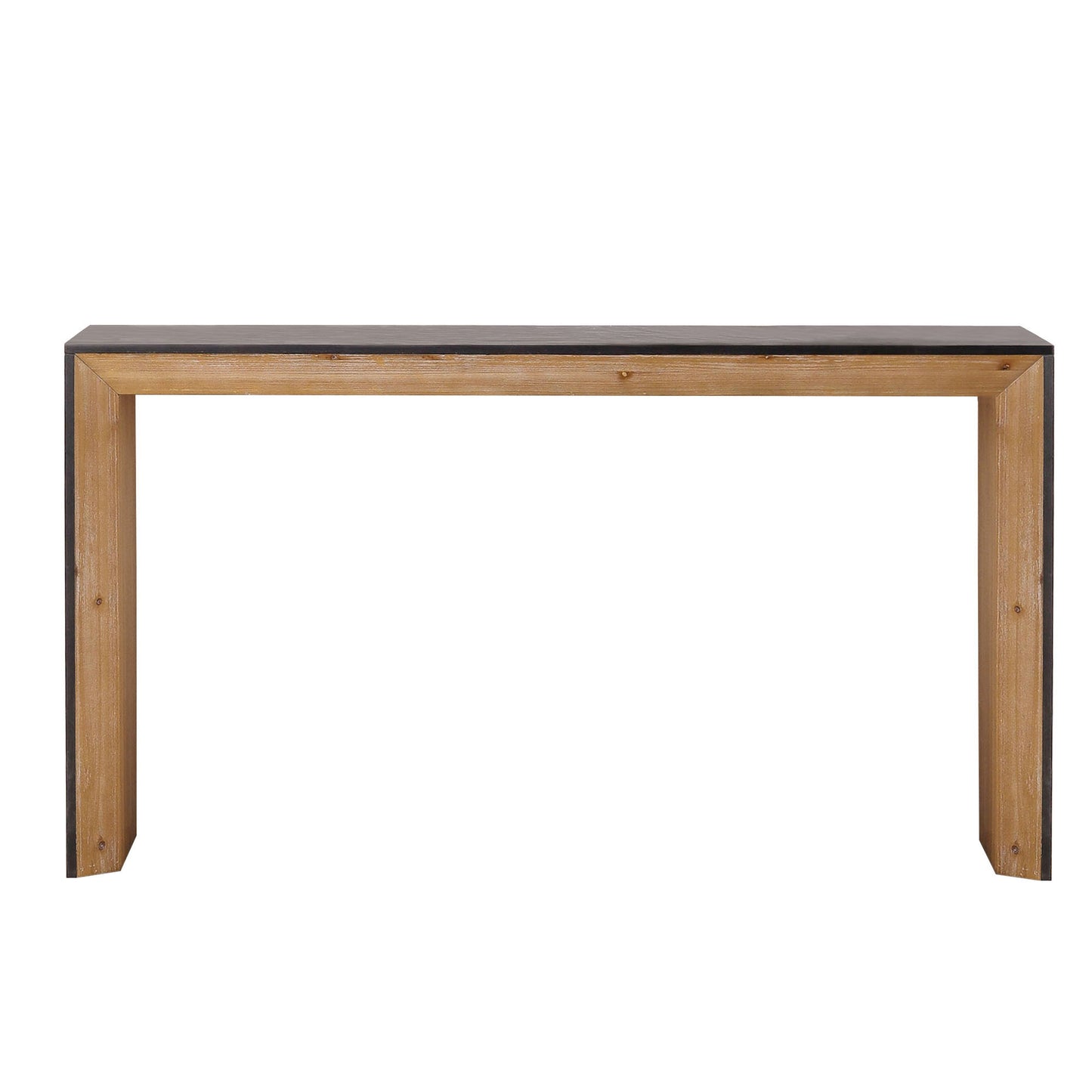 Sleek console table with a rustic wooden frame and dark top perfect for entryways