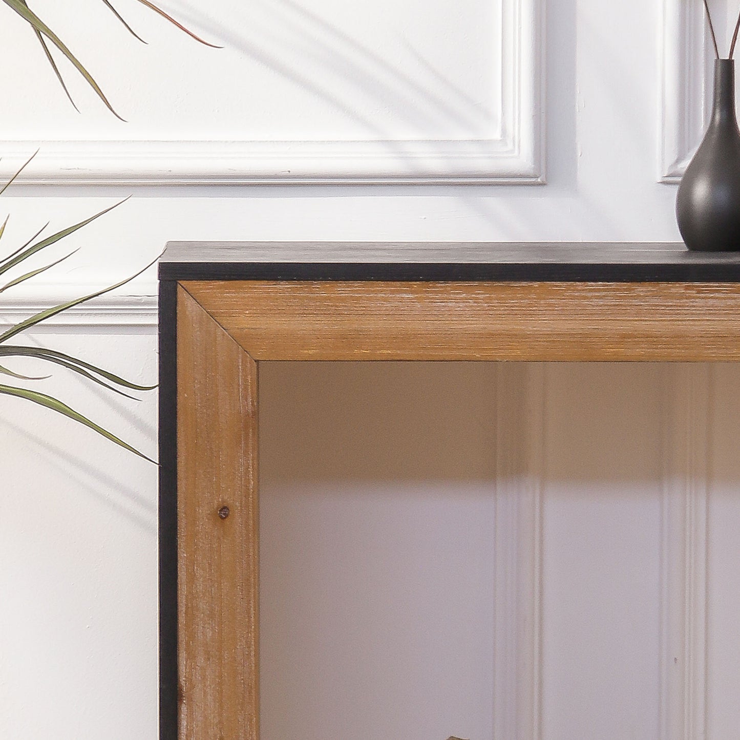 Rustic wood framed accent table with black metal trim perfect for entryway decor