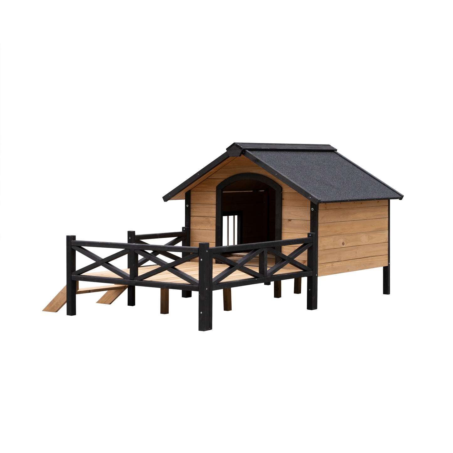 Wooden dog house with black trim and railing featuring a ramp and elevated platform
