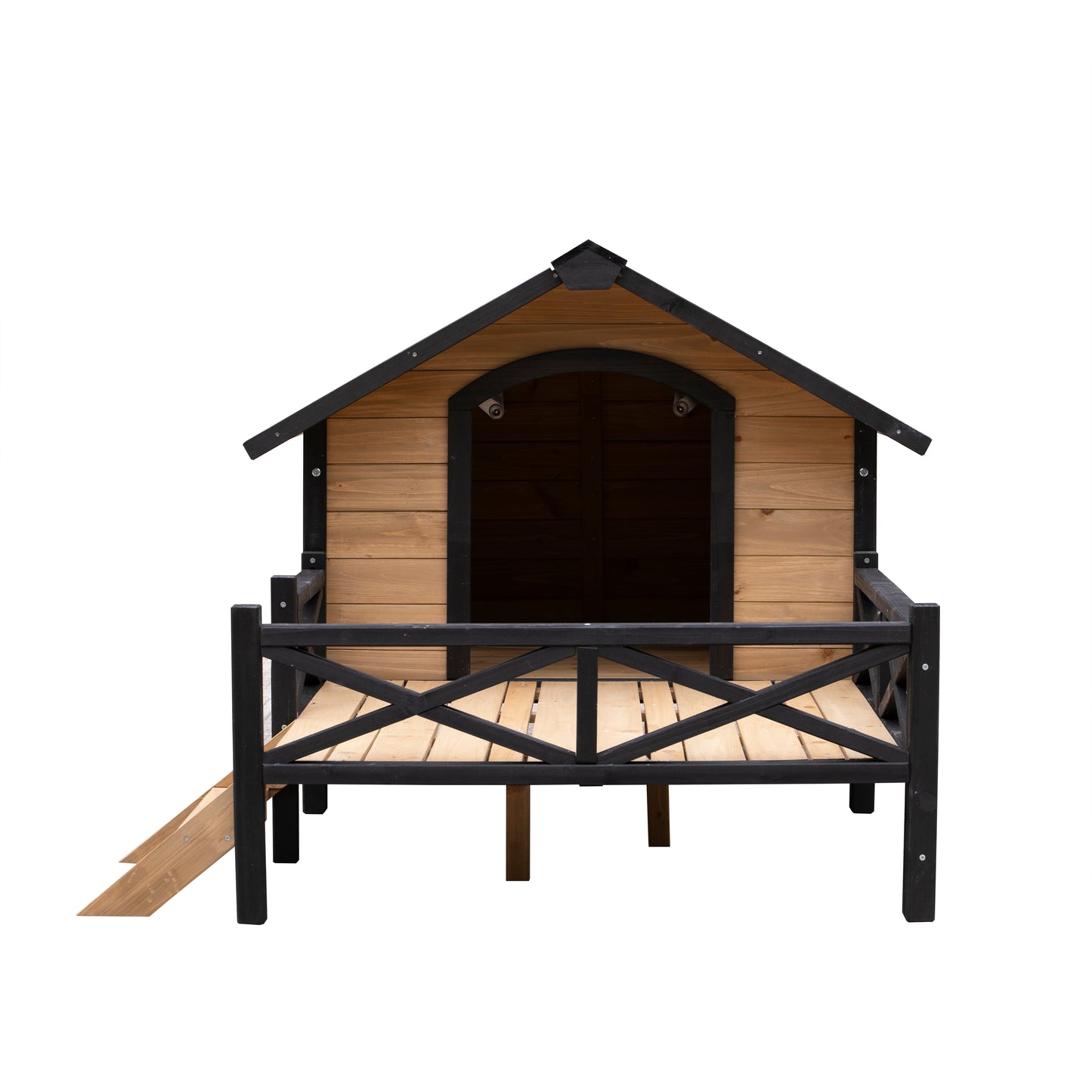 Wooden outdoor pet house with enclosed porch and ramp