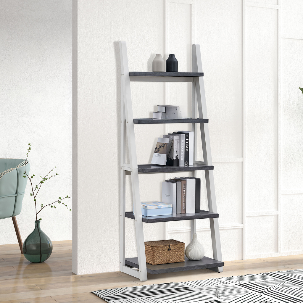 Fivetier ladder bookshelf with dark gray shelves and white frame holding books and decor