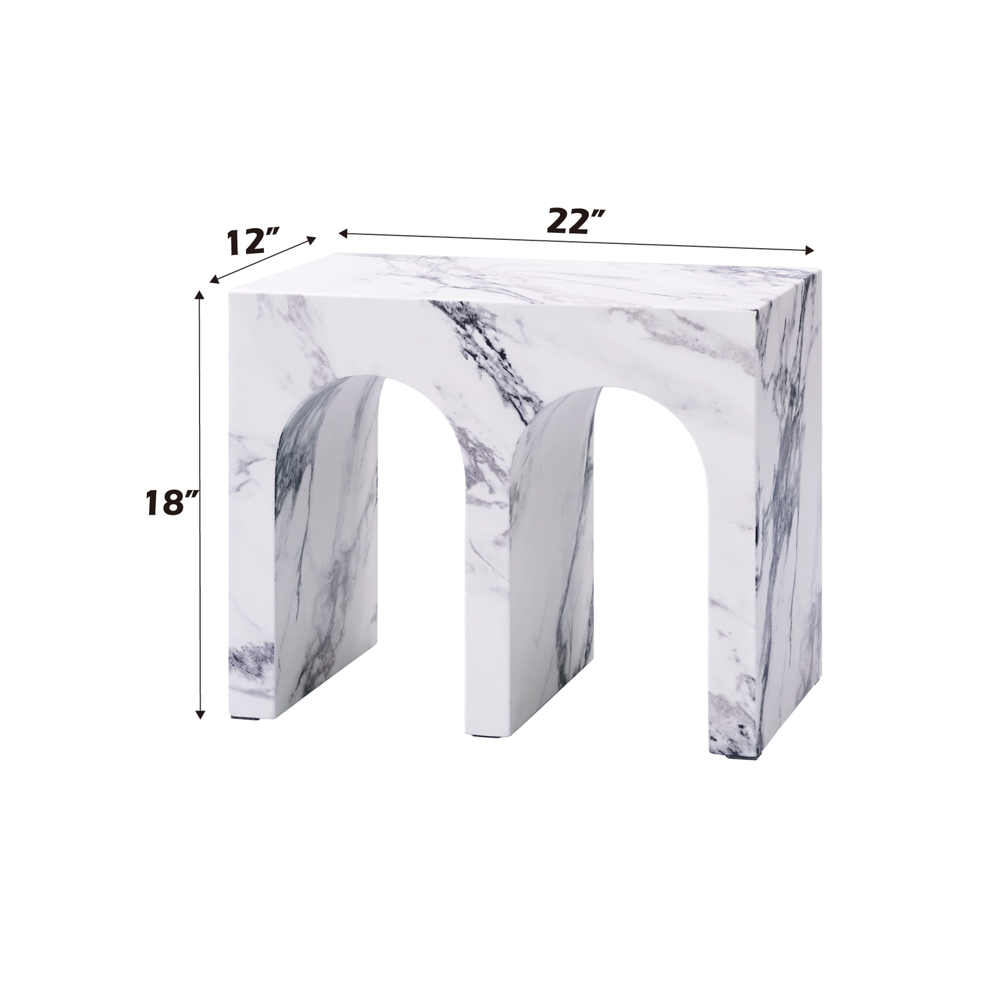 White marble end table with dual arched openings and modern design H x W x D