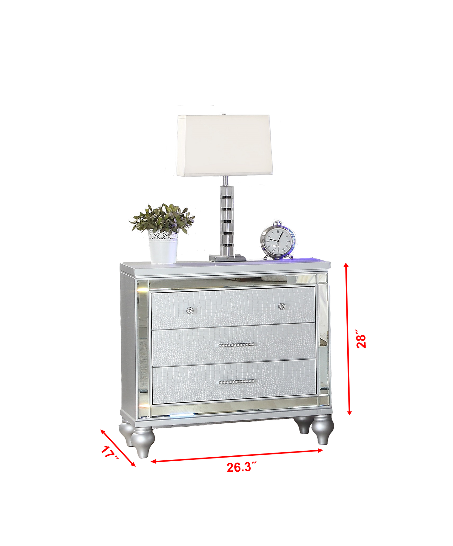 Silver mirrored nightstand with three crocodiletextured drawers and crystal knobs