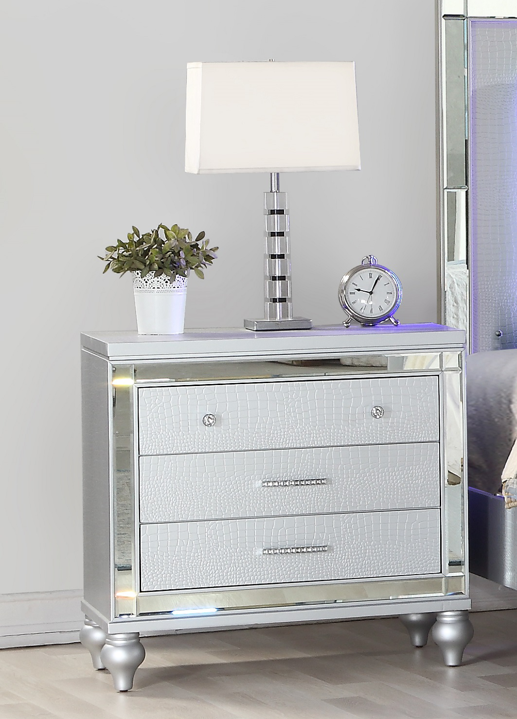 Silver faux crocodile leather nightstand with mirrored accents and crystal knobs