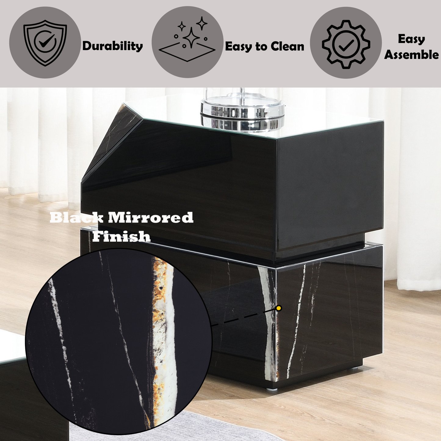 Sleek black mirrored finish nightstand with modern geometric design and marble accents