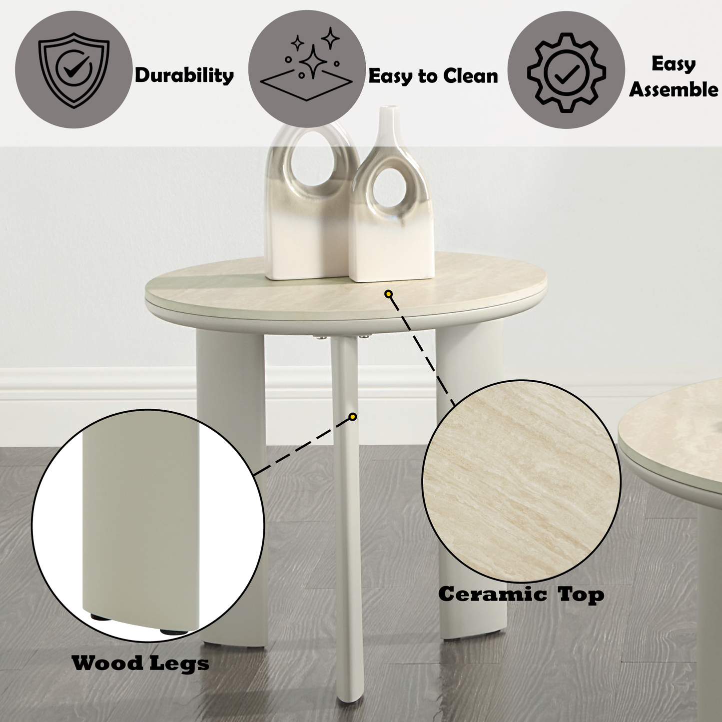 Round accent table with a beige ceramic top and durable wood legs
