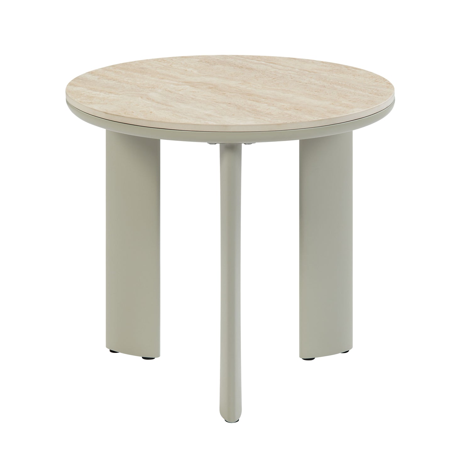 Round travertine top side table with matte sage green legs and base