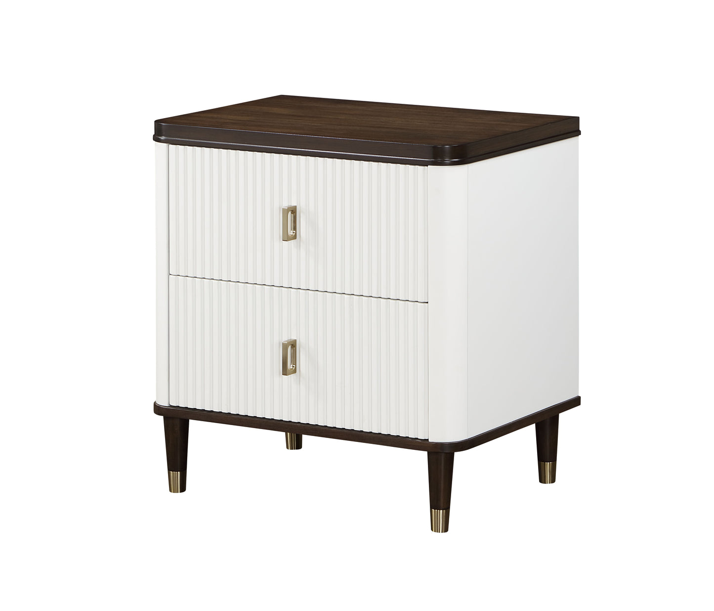 White fluted drawer nightstand with dark wood top and gold accents