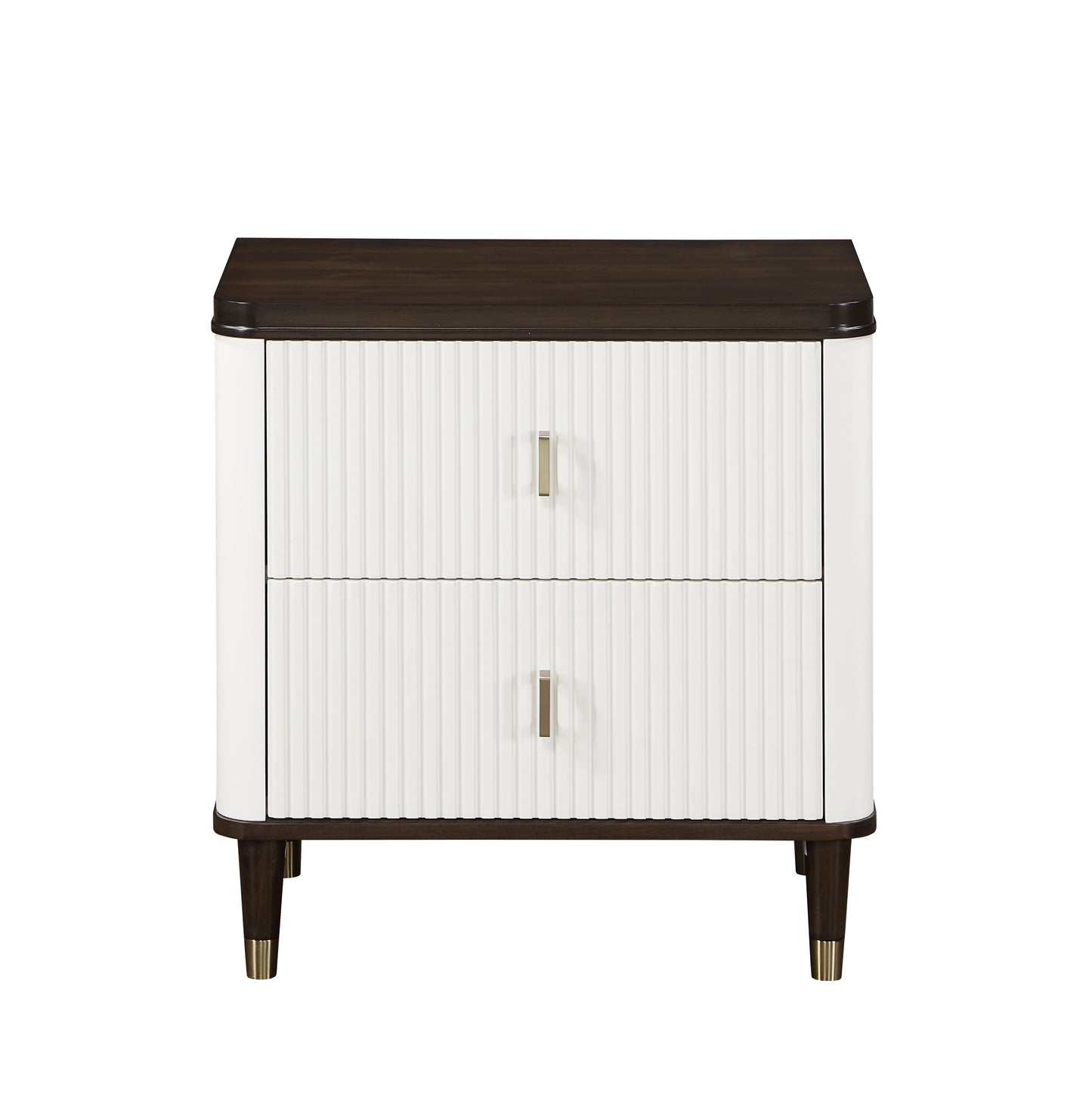 White fluted drawer nightstand with dark wood top and brass accents