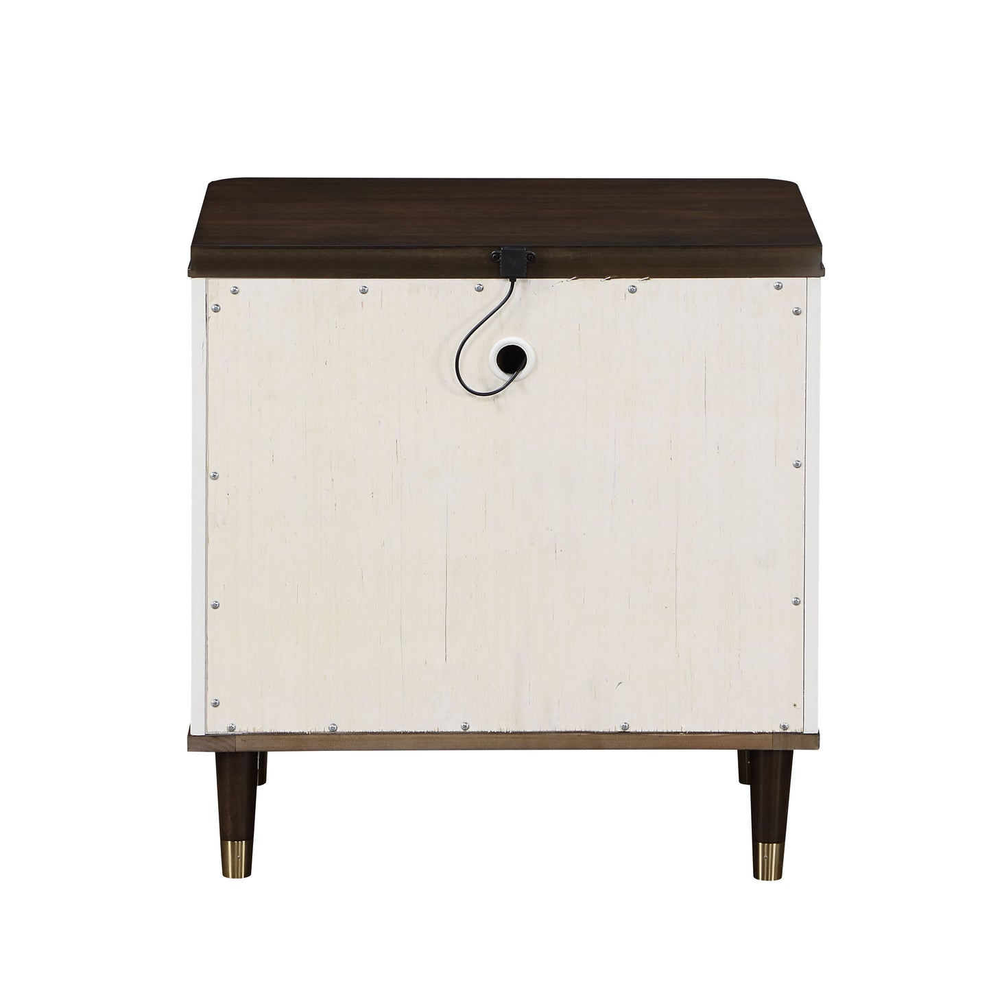 Back view of a dark wood and white nightstand with cord management hole and brasscapped tapered legs