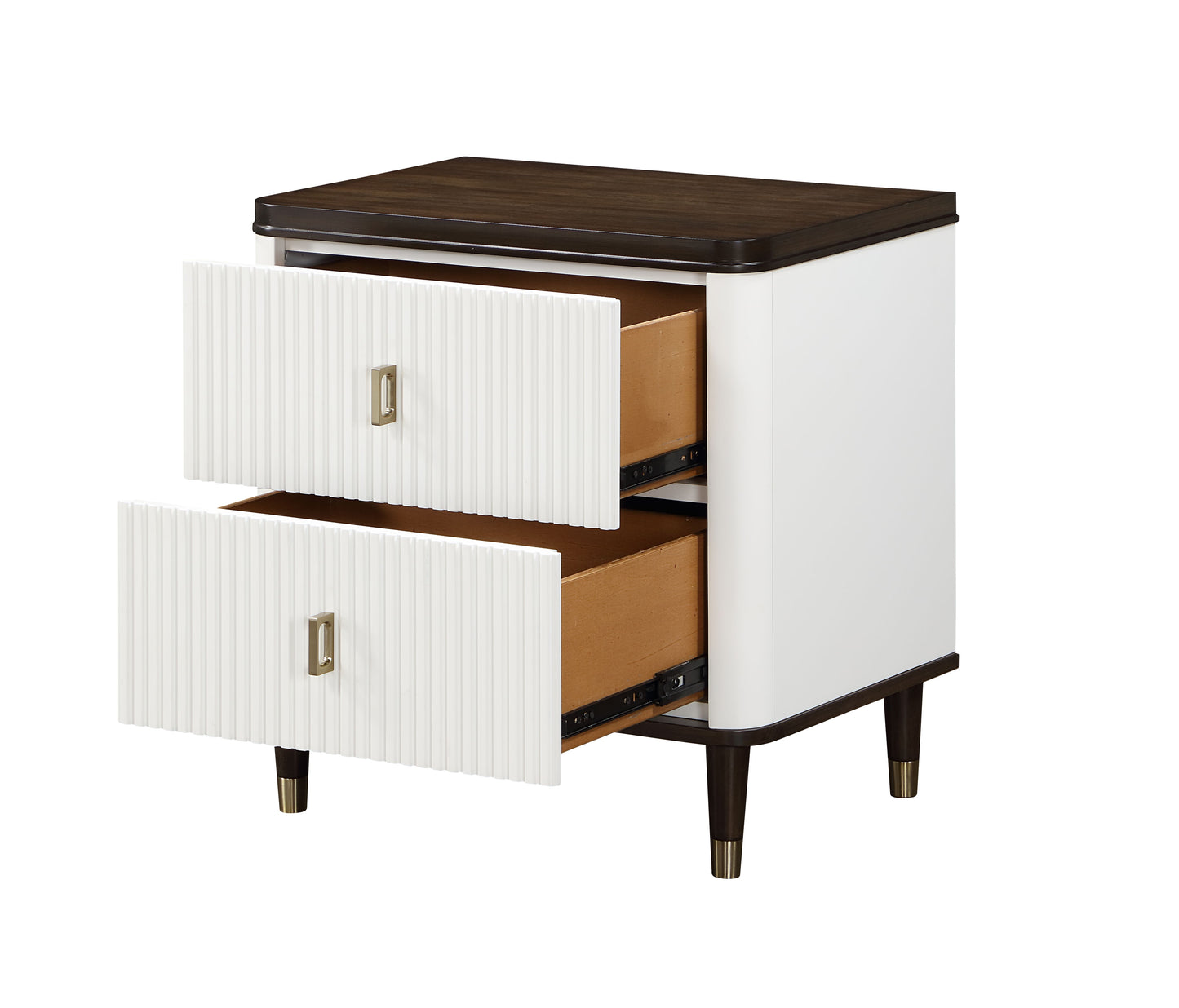 White ribbed drawer nightstand with dark wood top and brass pulls