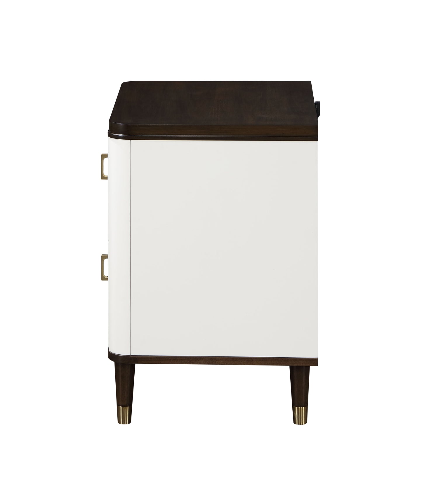 White twodrawer nightstand with dark wood top and tapered legs