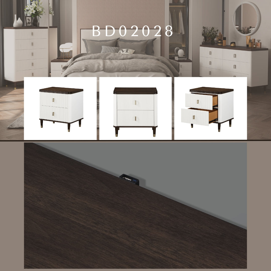 White and brown modern dresser with fluted drawer fronts and gold pulls