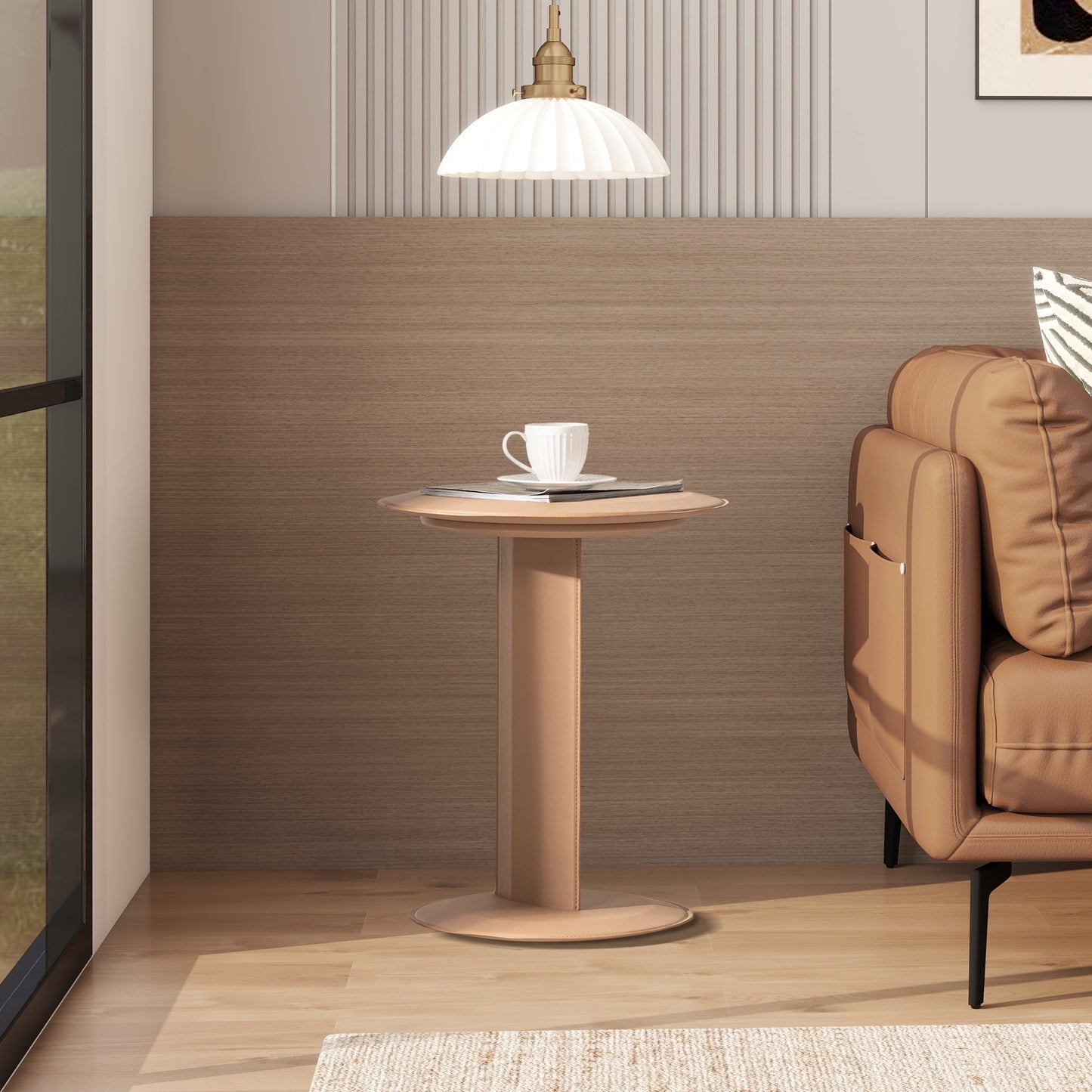Modern beige round side table with a single pedestal leg