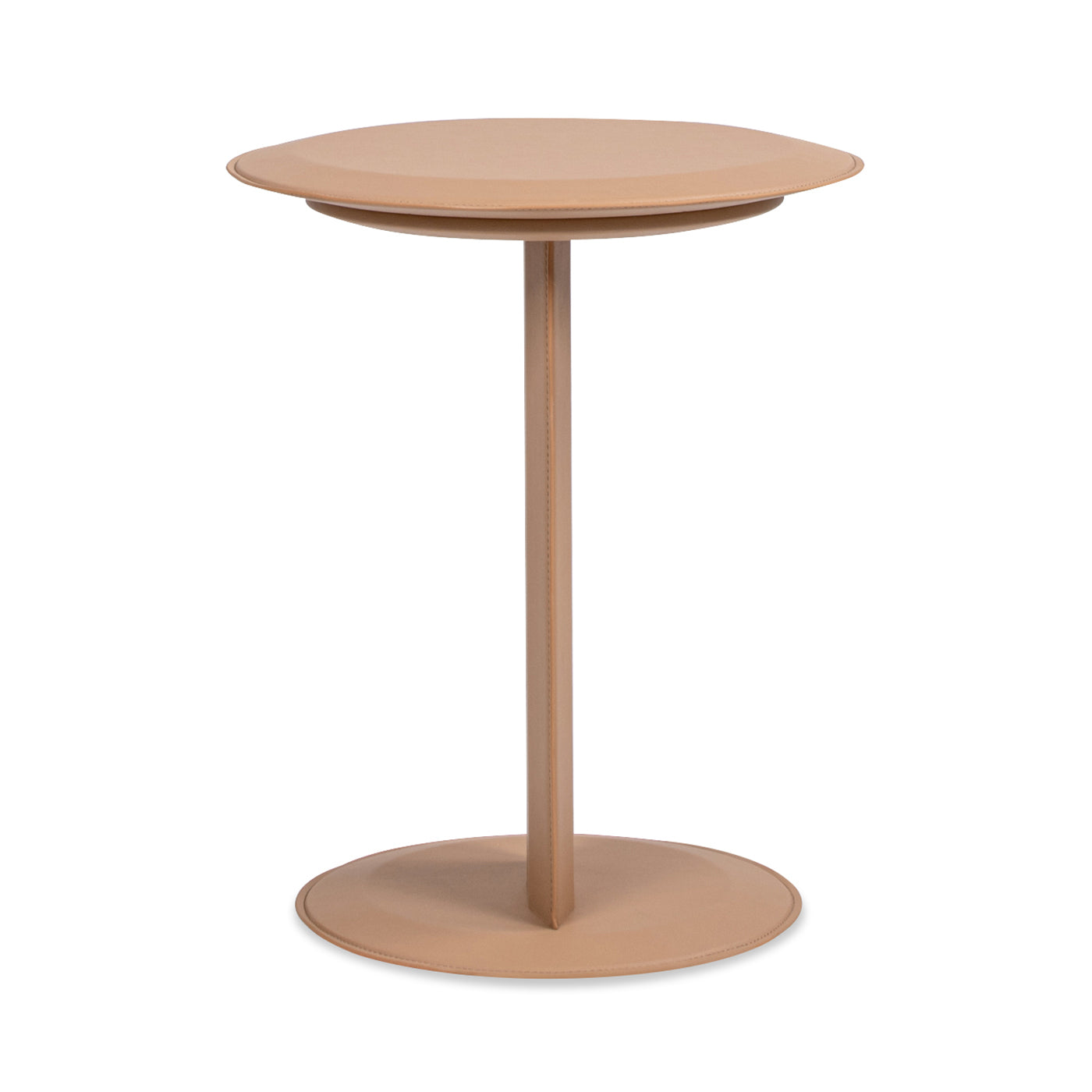 Beige leather accent table with a round top and base