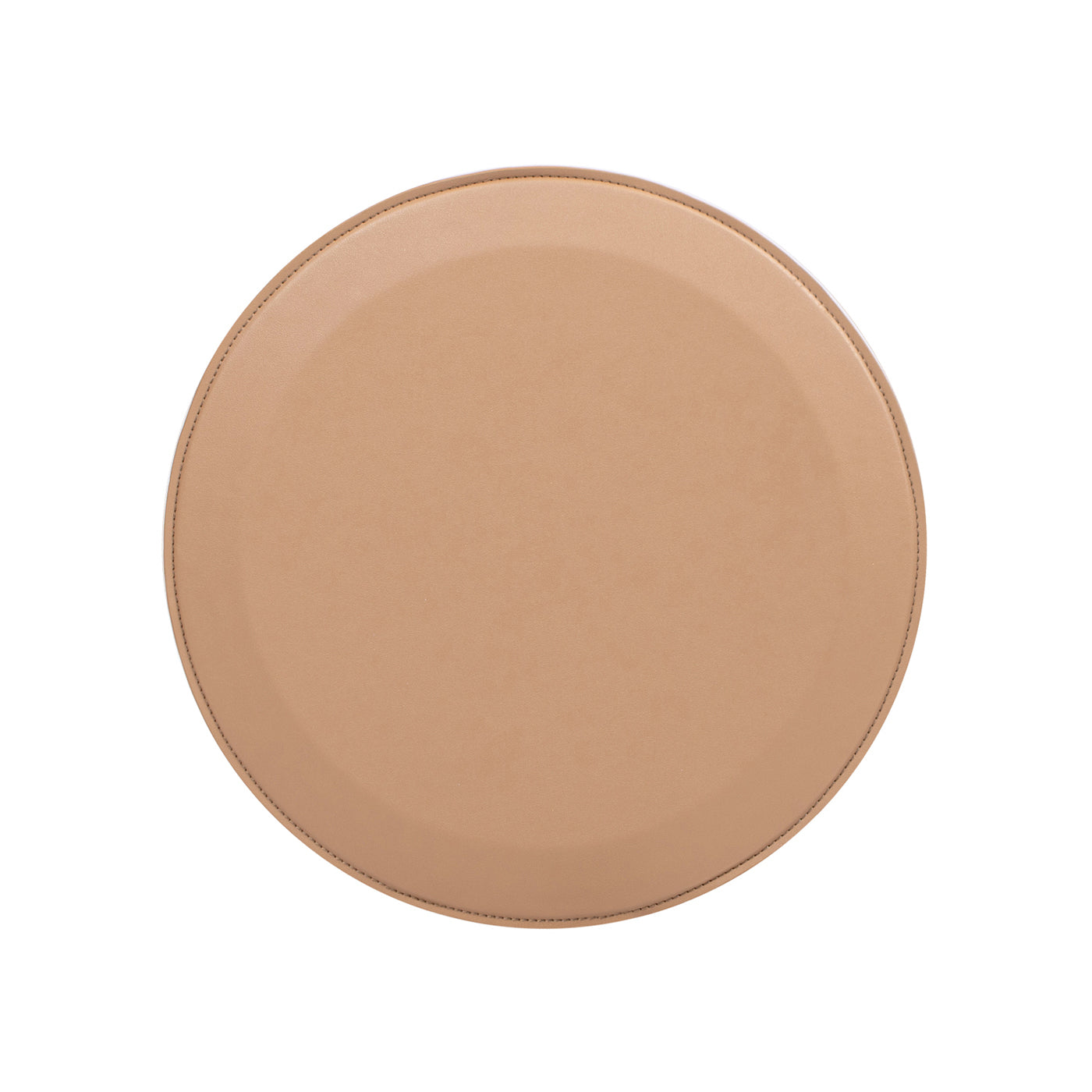 Circular beige leather ottoman with stitched edging for modern living rooms