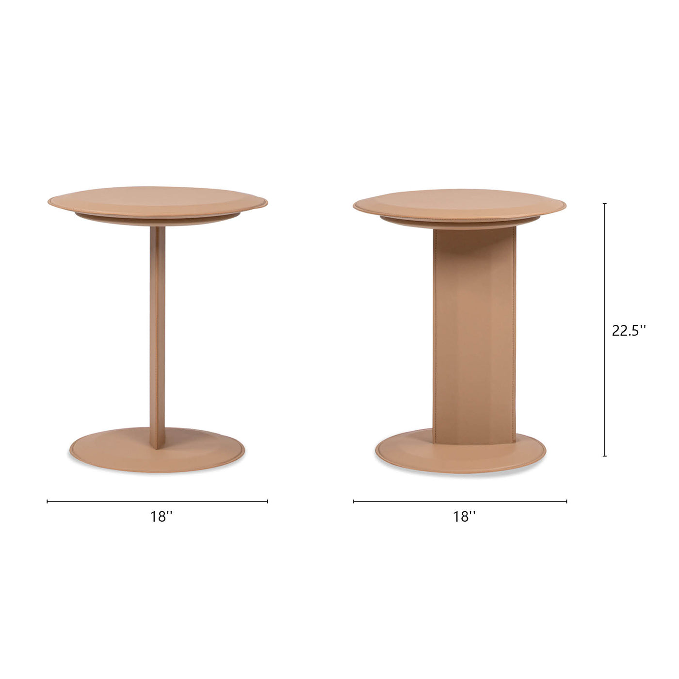 Two tan metal side tables with circular tops and pedestals inch diameter bases