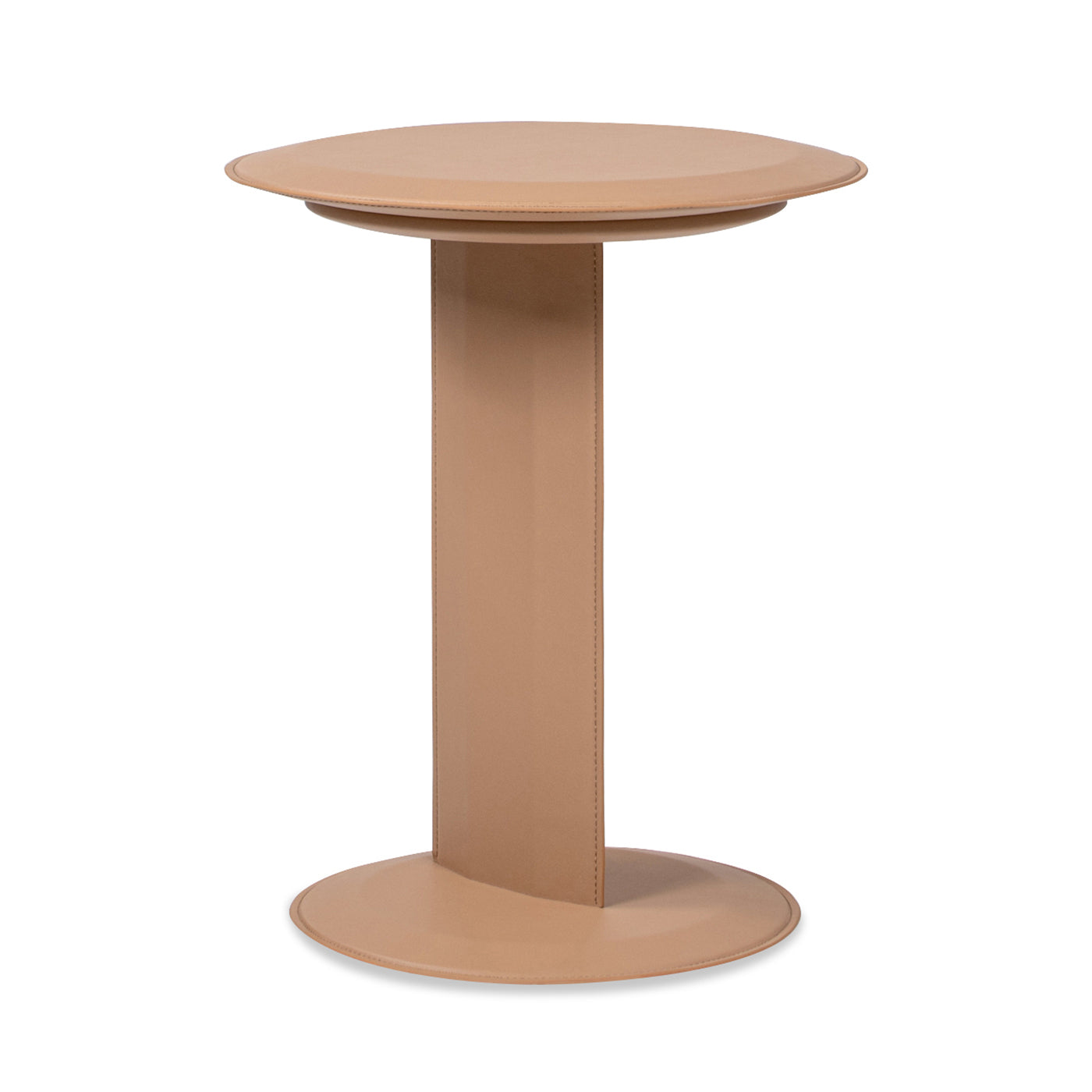 Tan leather accent table with a round top and circular base