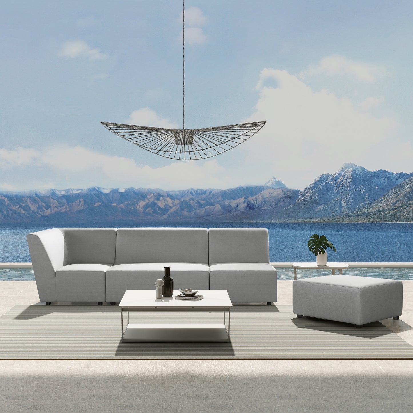 Light grey modular outdoor sofa with clean lines ideal for contemporary patio settings