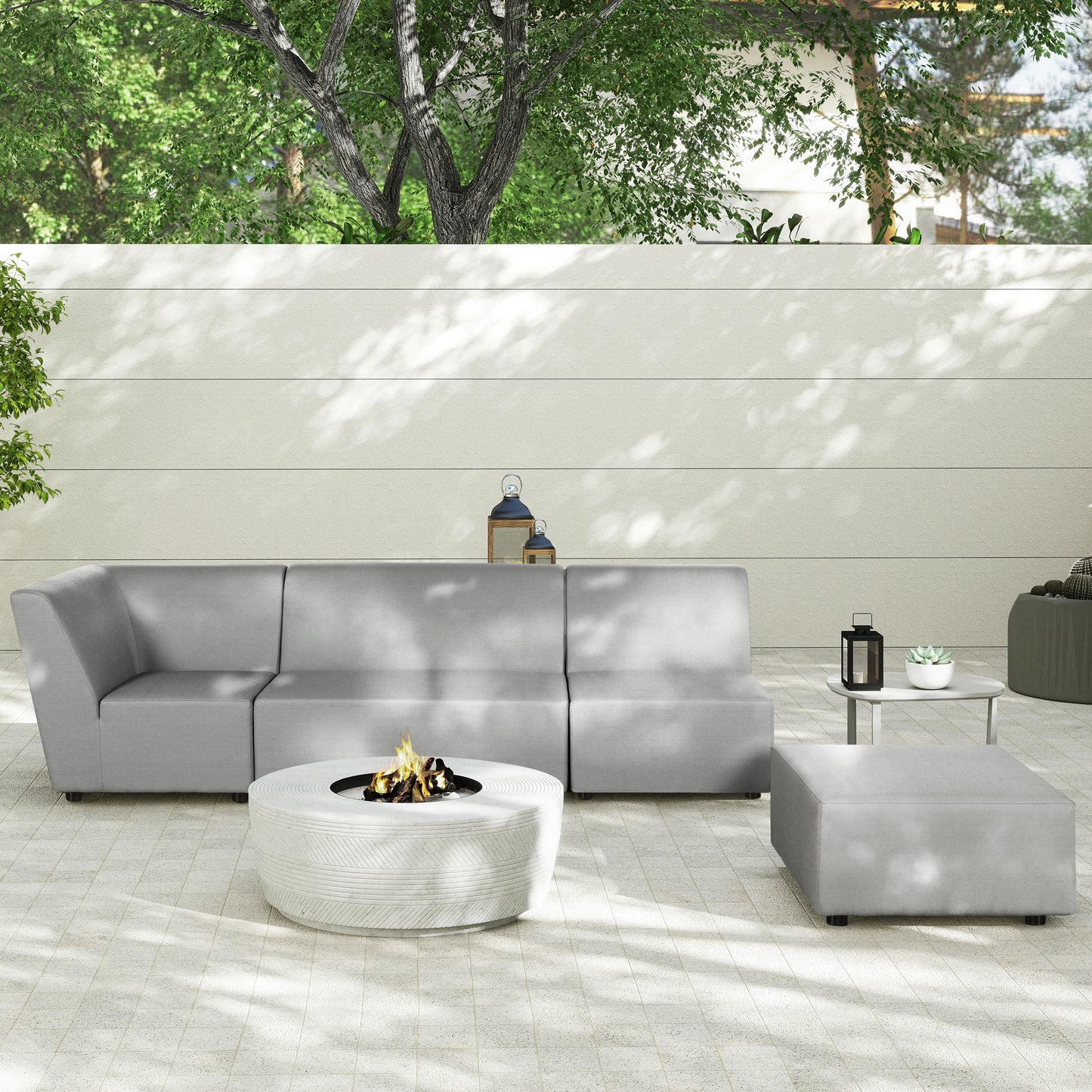 Gray sectional outdoor sofa with clean lines and a modern aesthetic