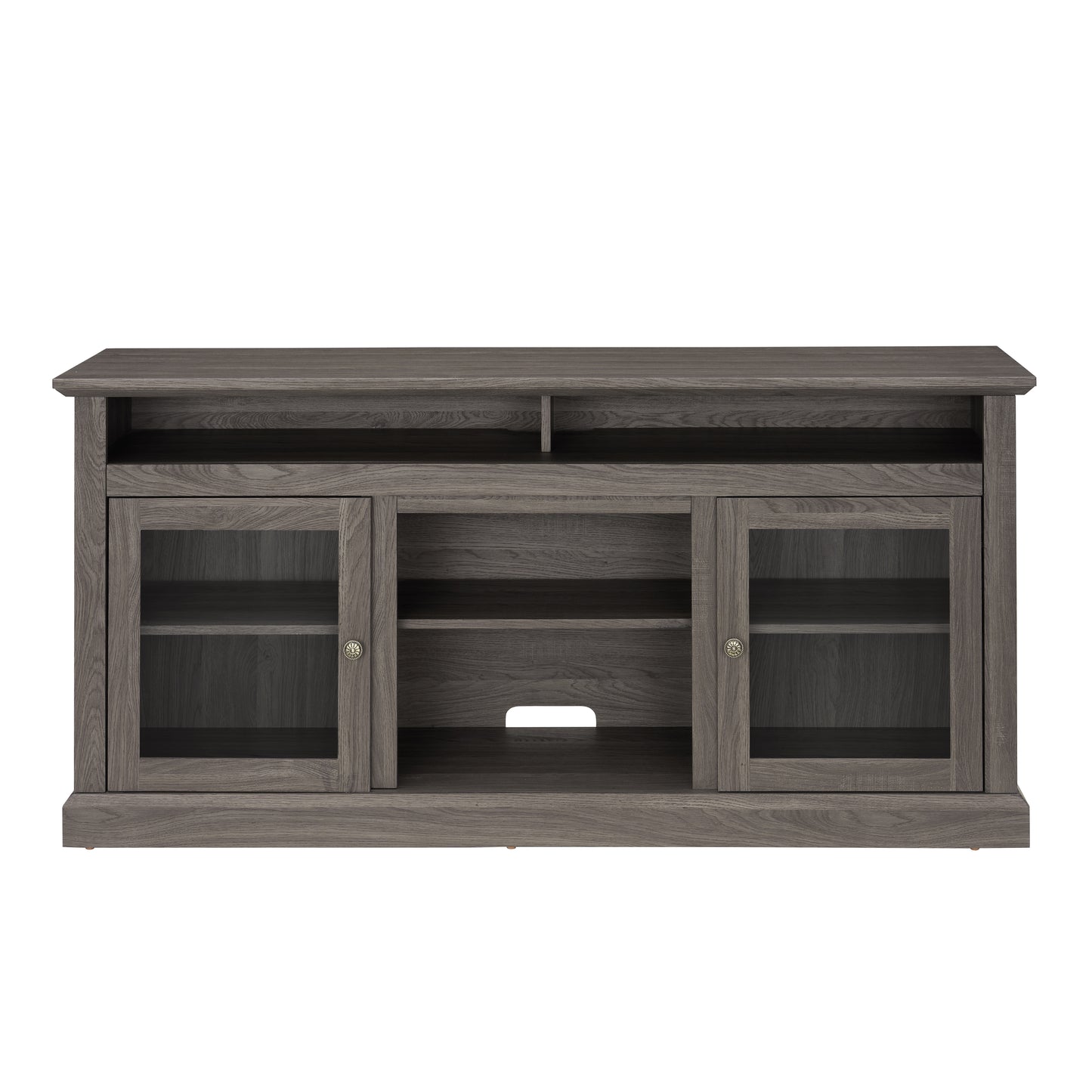 Grey oak media console with glass doors and open shelving
