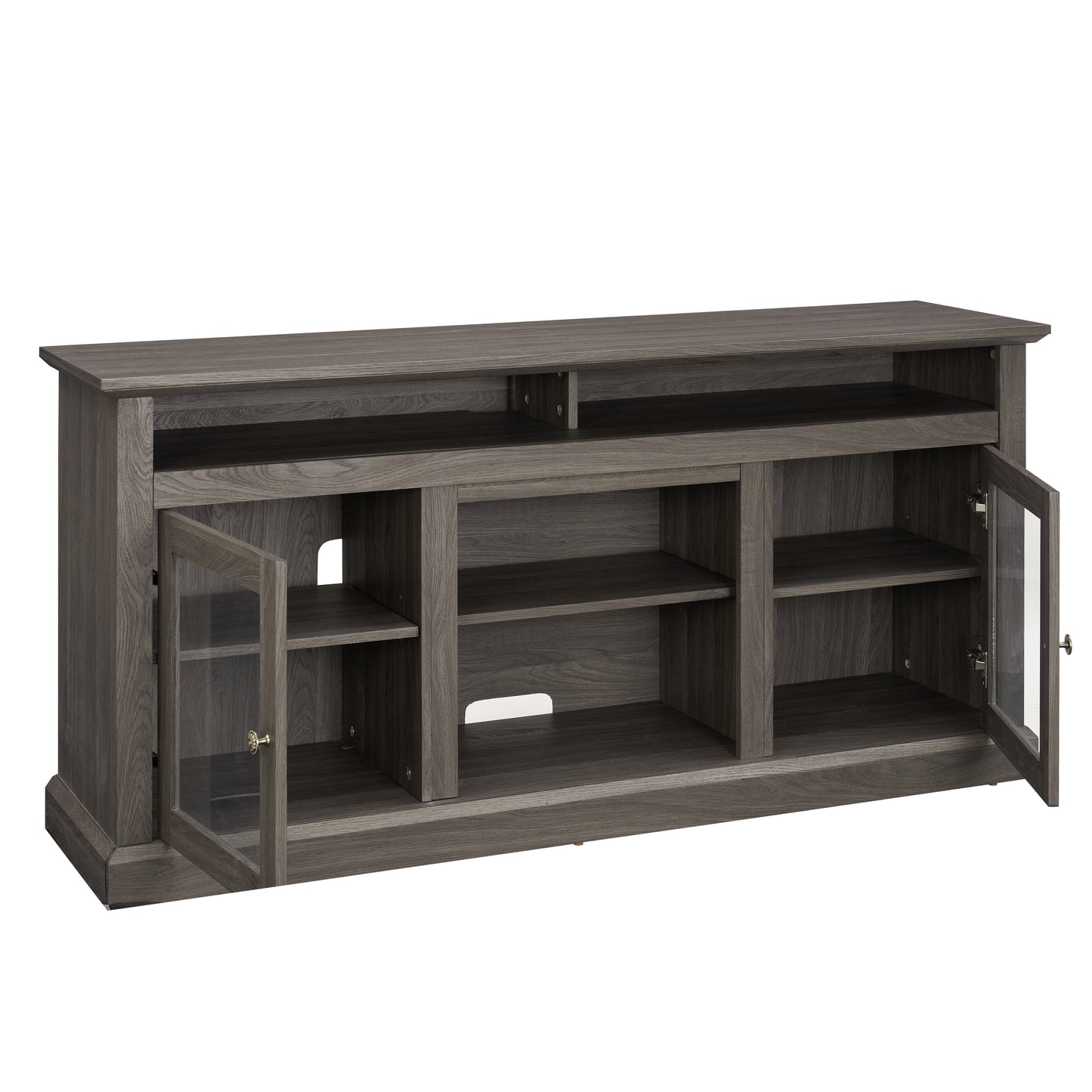 Rustic gray washed media console with two glass doors and open shelving