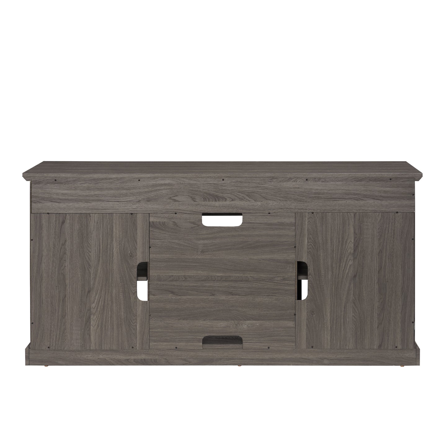 Gray wood veneer TV stand with open shelving and cable management cutouts