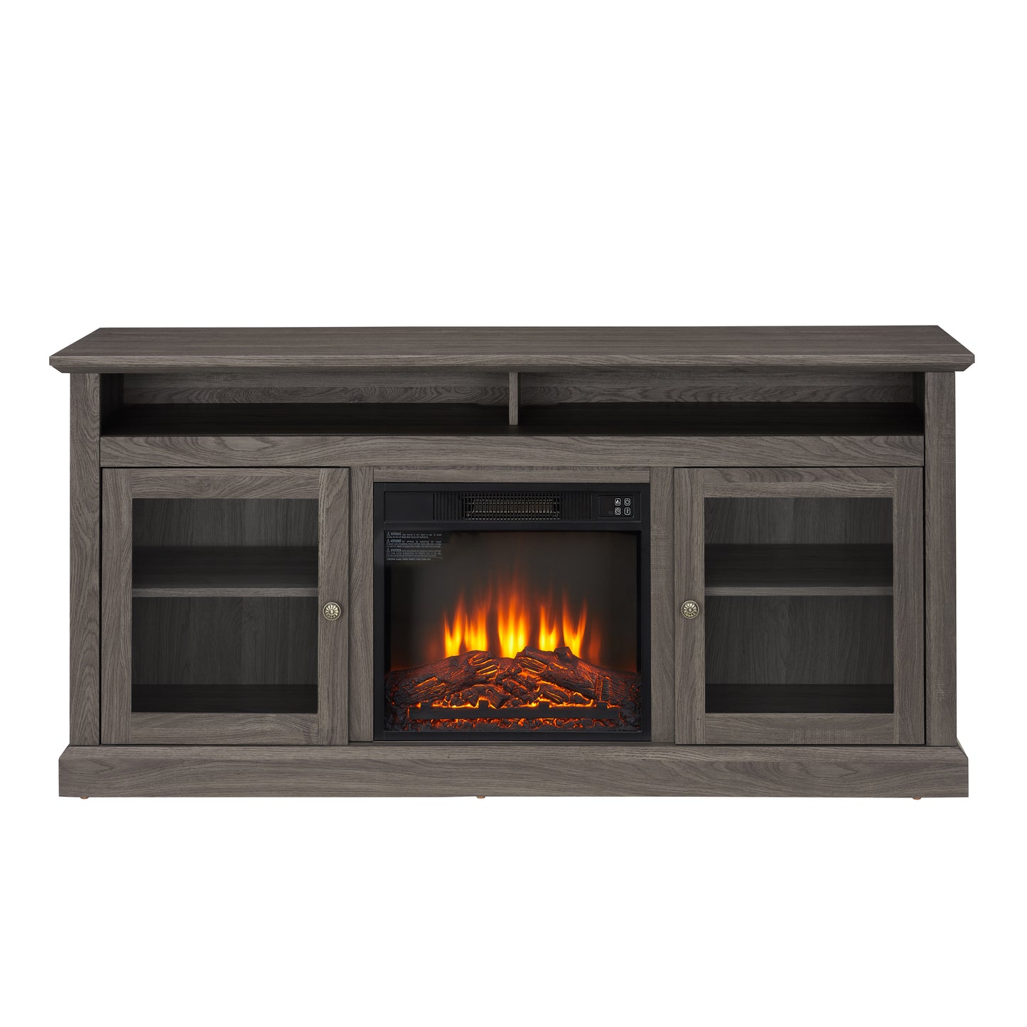 Rustic grey wash media console with electric fireplace and glasspaneled cabinets