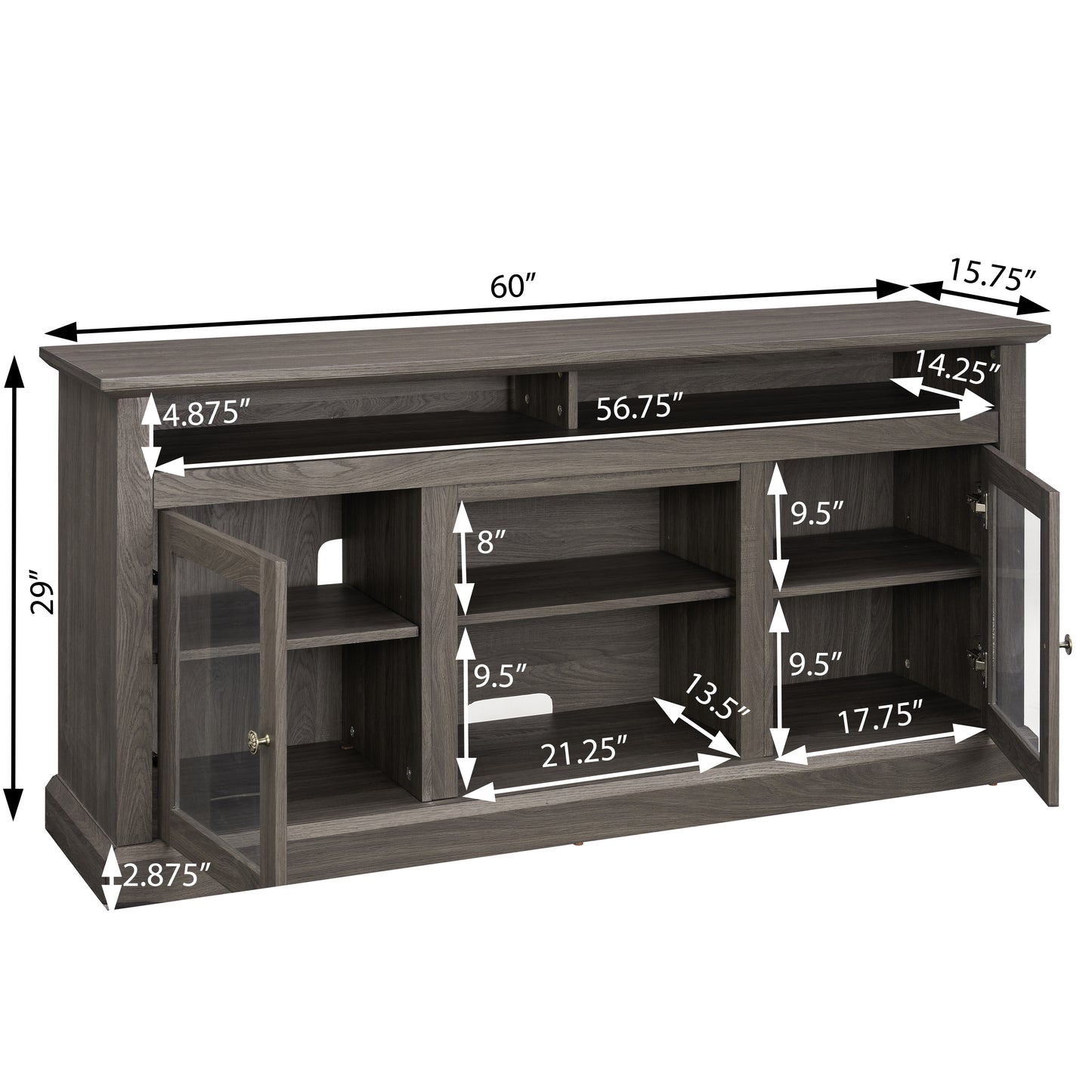 Dark gray rustic TV stand with glass doors and open shelving for electronics
