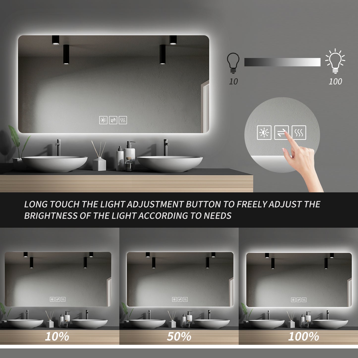 Modern bathroom vanity mirror with integrated LED lighting and dimming feature
