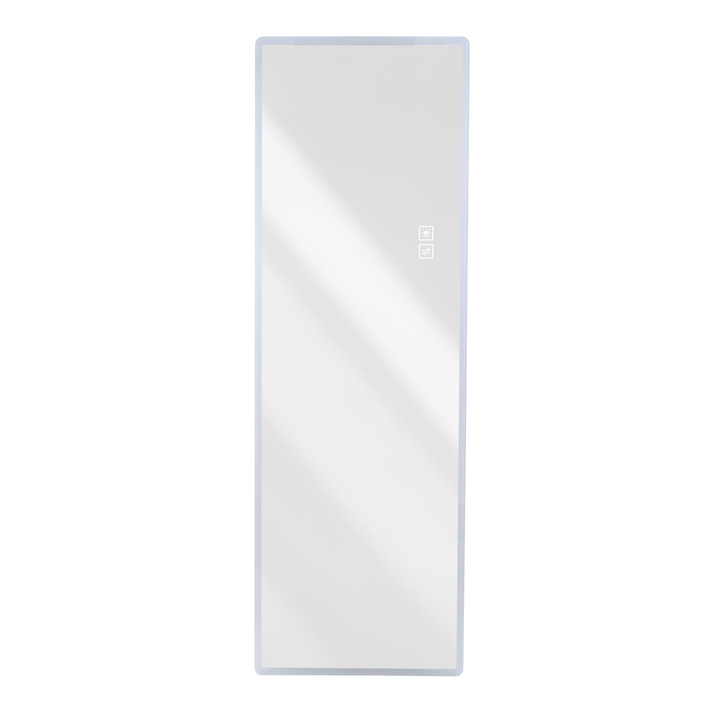 Fulllength vertical mirror with sleek silver frame and touchsensitive controls