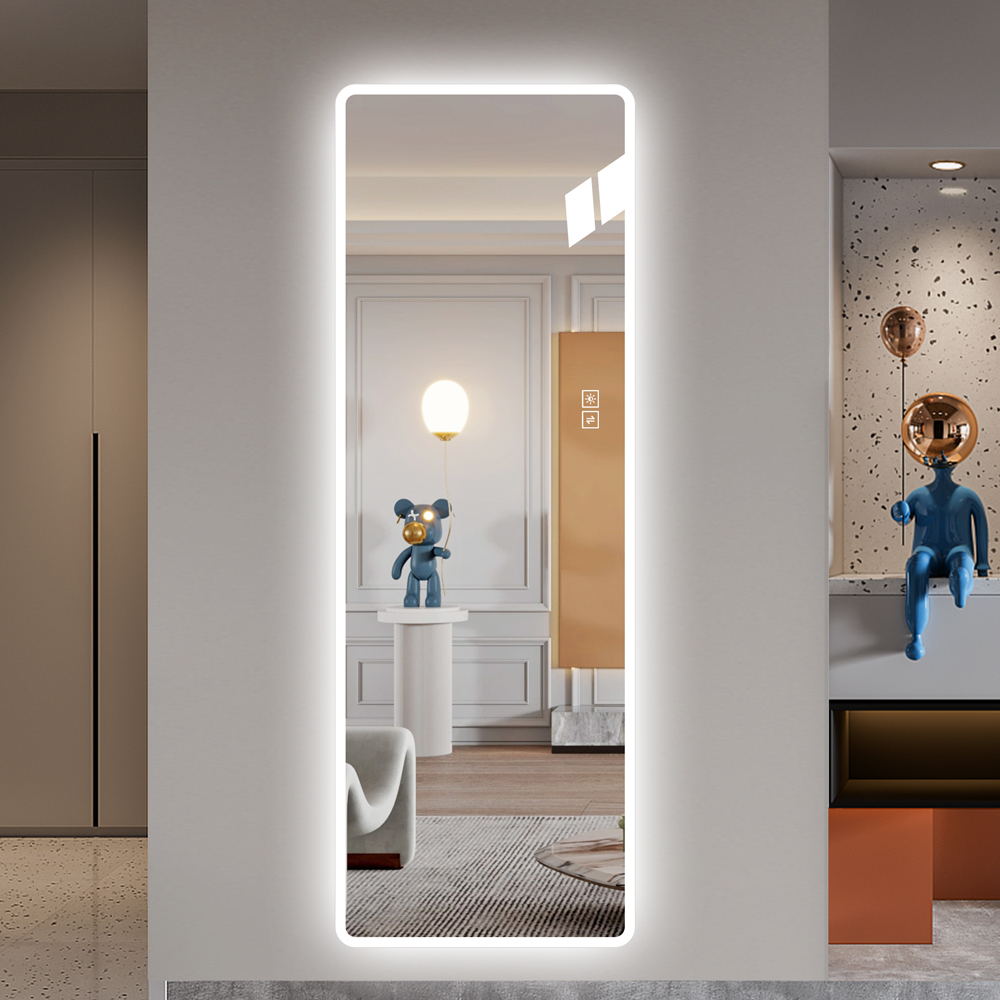 Tall rectangular LED mirror with a sleek minimalist design for modern bathrooms