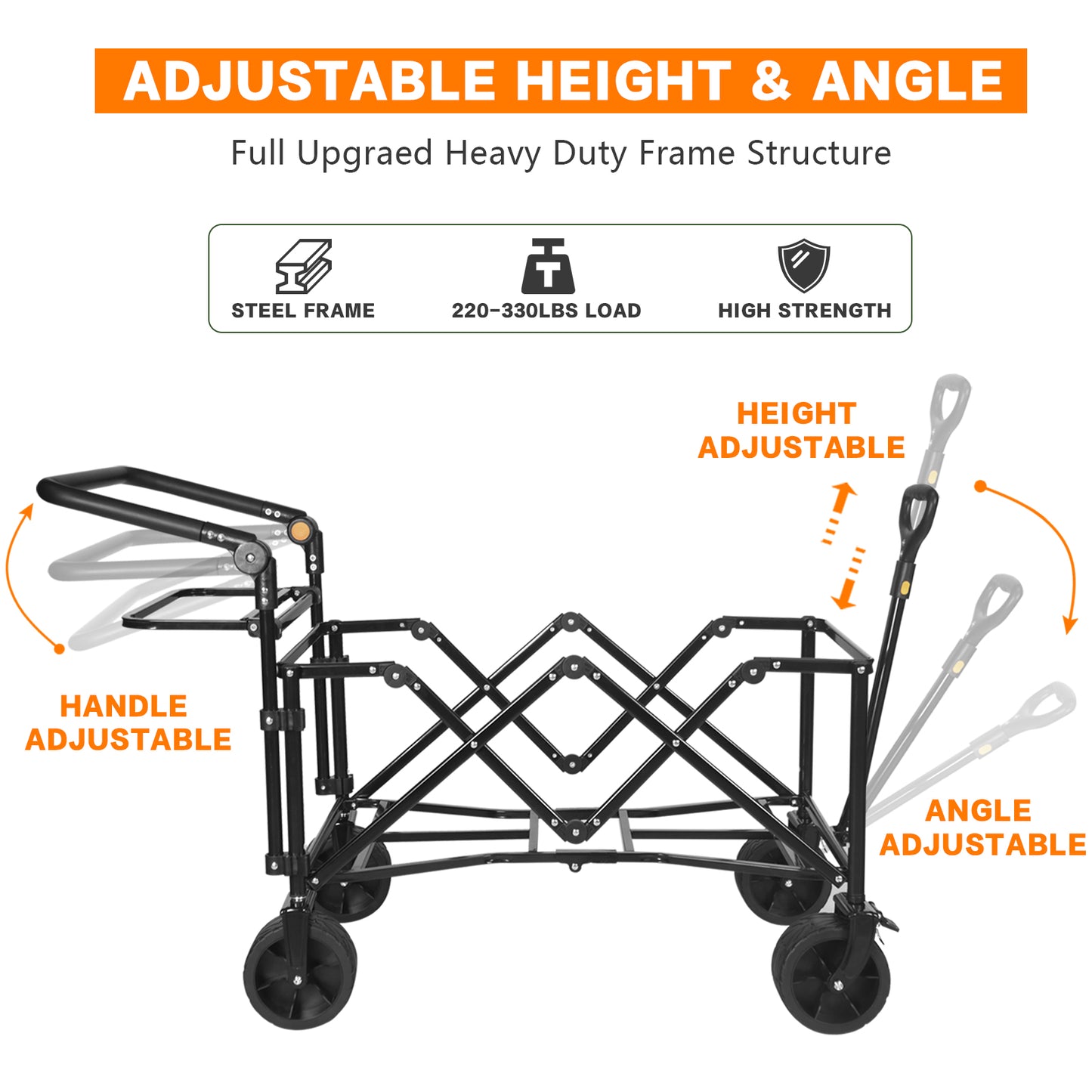 Black steel frame wagon with adjustable handle and wheels for easy transport