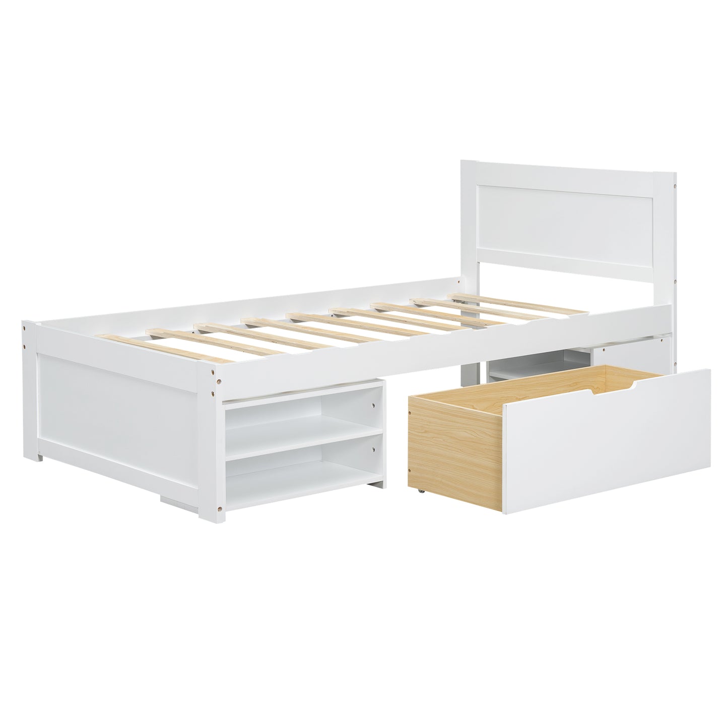 White twin bed frame with storage drawers and open shelves
