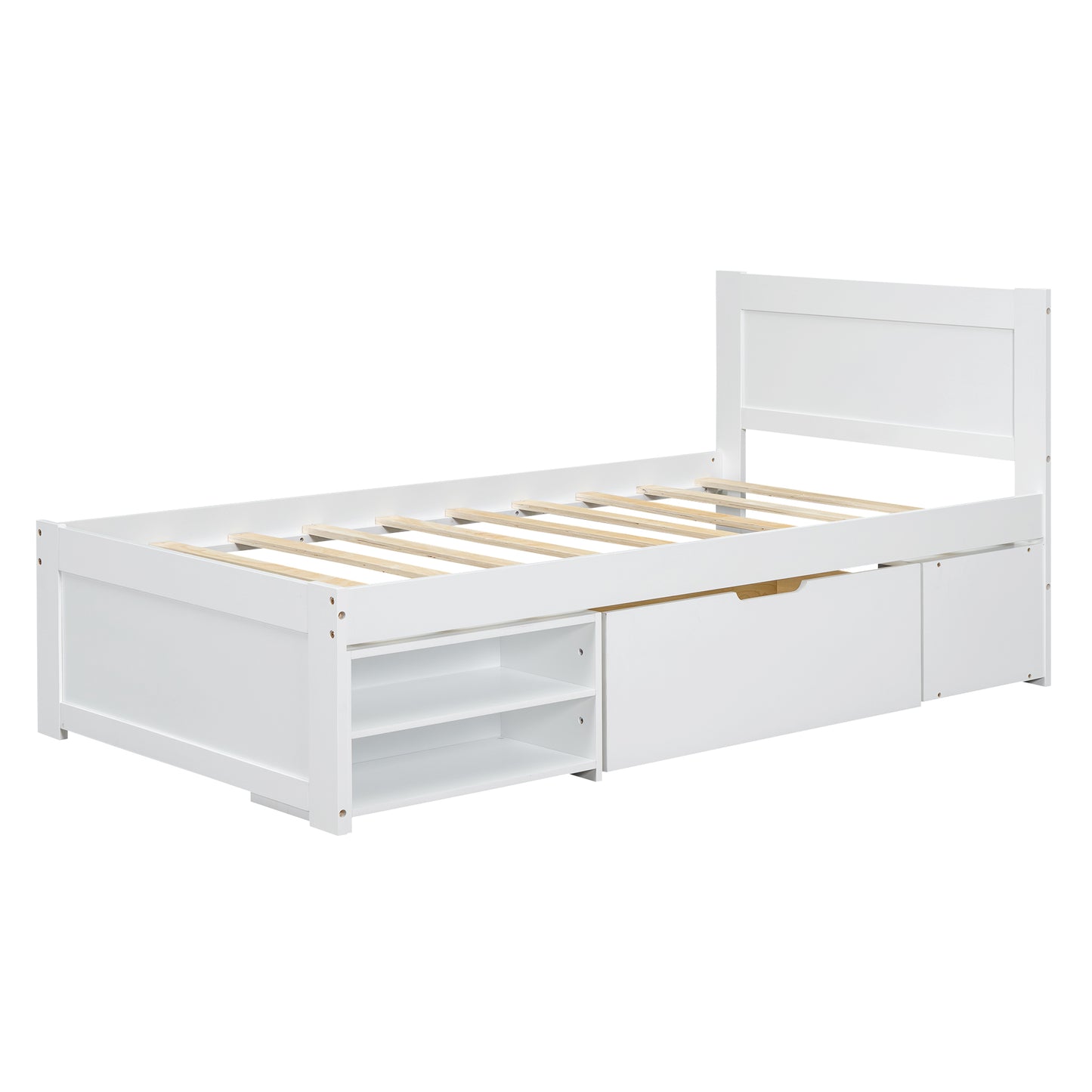 White wooden twin bed frame with headboard and two underbed storage drawers